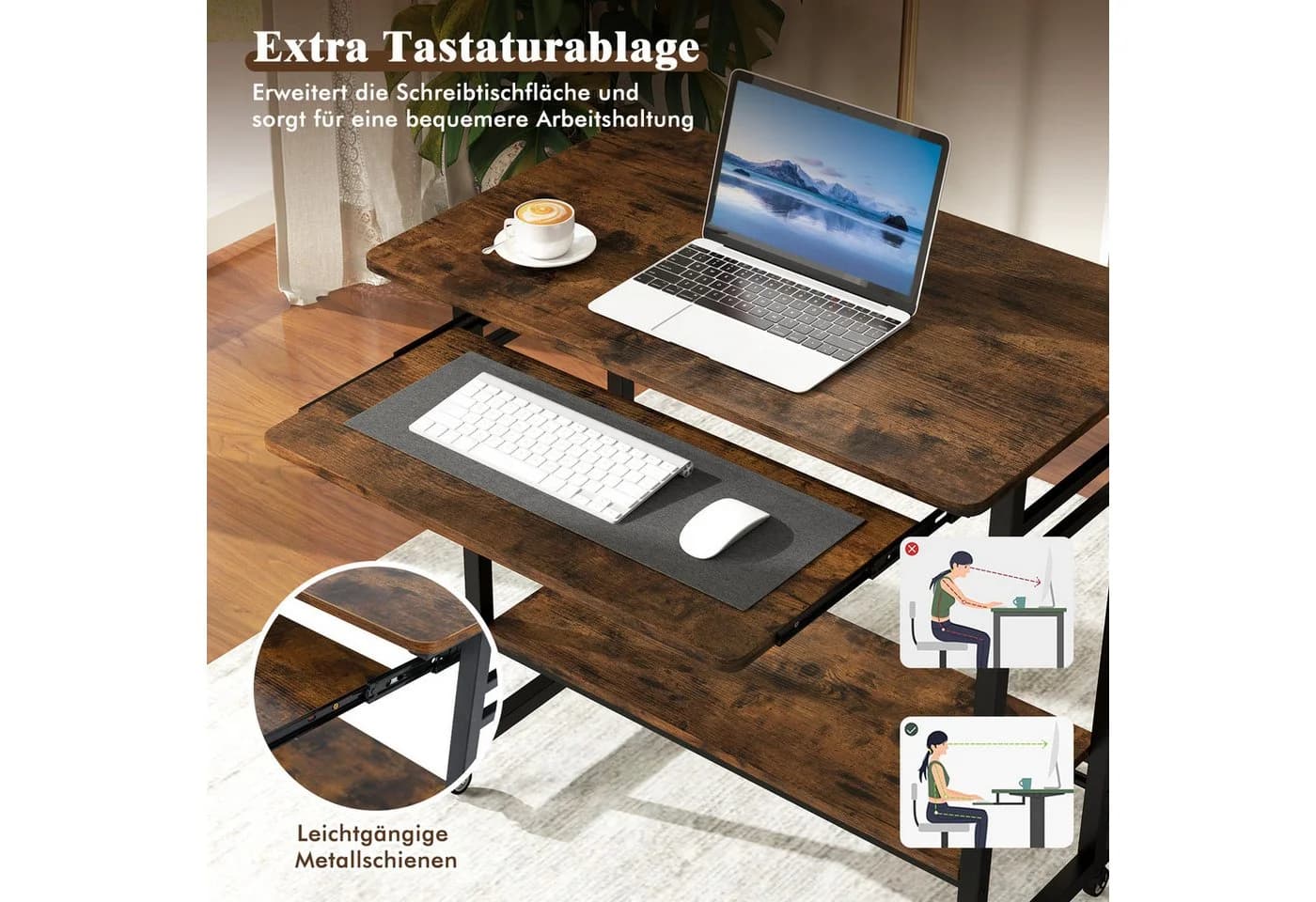 COSTWAY Computertisch mit Rollen & Tastaturablage, platzsparend, 80x50x78cm - Bild 3
