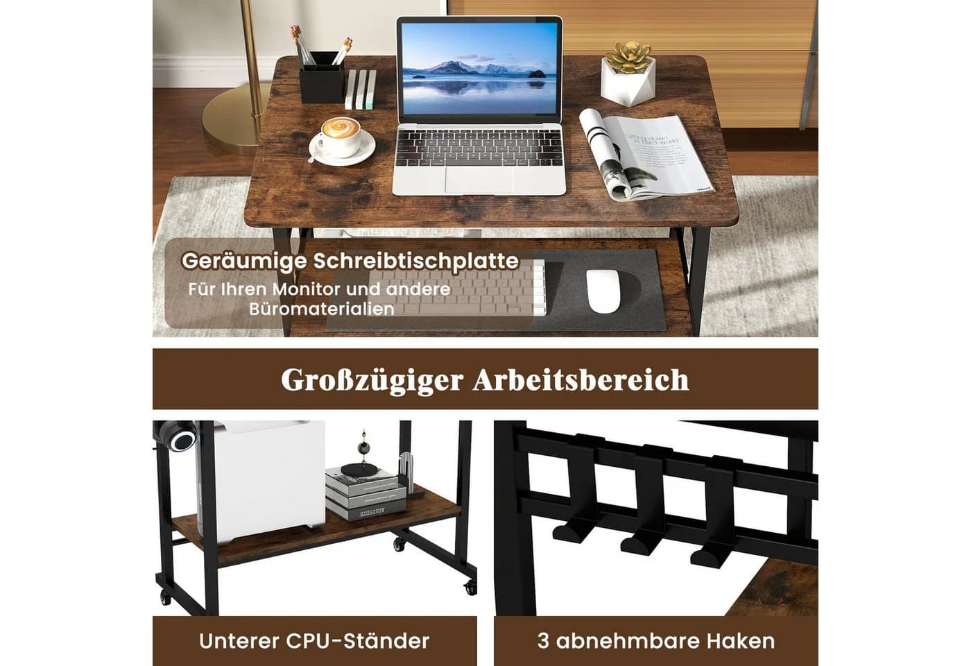 COSTWAY Computertisch mit Rollen & Tastaturablage, platzsparend, 80x50x78cm - Bild 4