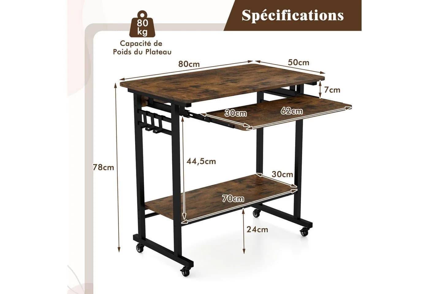 COSTWAY Computertisch mit Rollen & Tastaturablage, platzsparend, 80x50x78cm - Bild 5