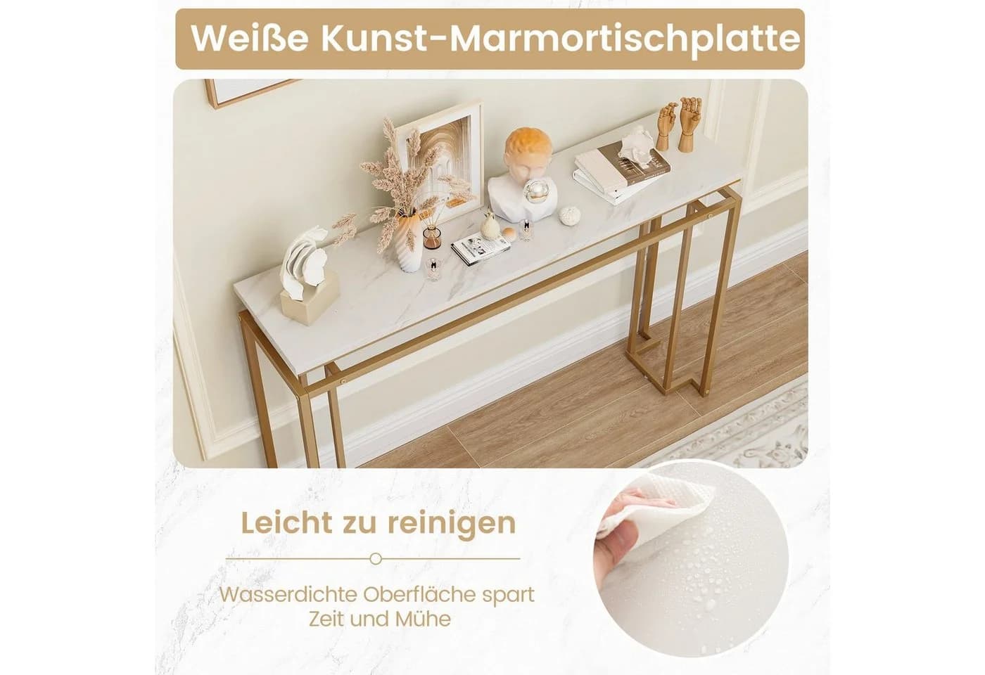 COSTWAY Konsolentisch Marmor Flurtisch Metallrahmen 120cm Gold - Bild 3