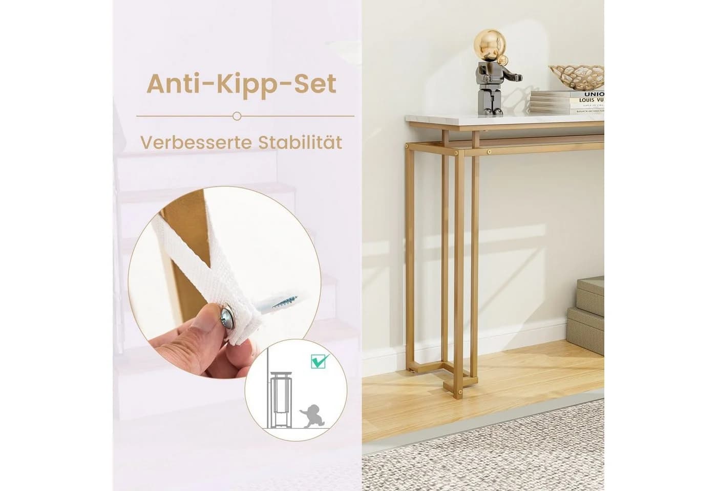 COSTWAY Konsolentisch Marmor Flurtisch Metallrahmen 120cm Gold - Bild 5