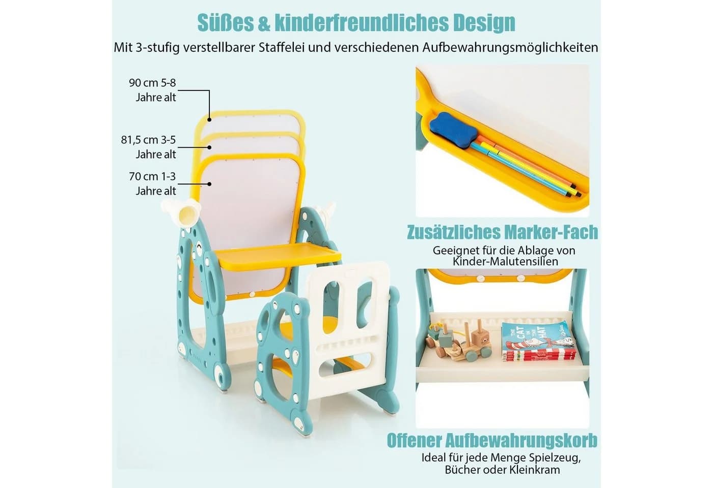 COSTWAY Standtafel 4 in 1 Kinder Staffelei mit Stuhl