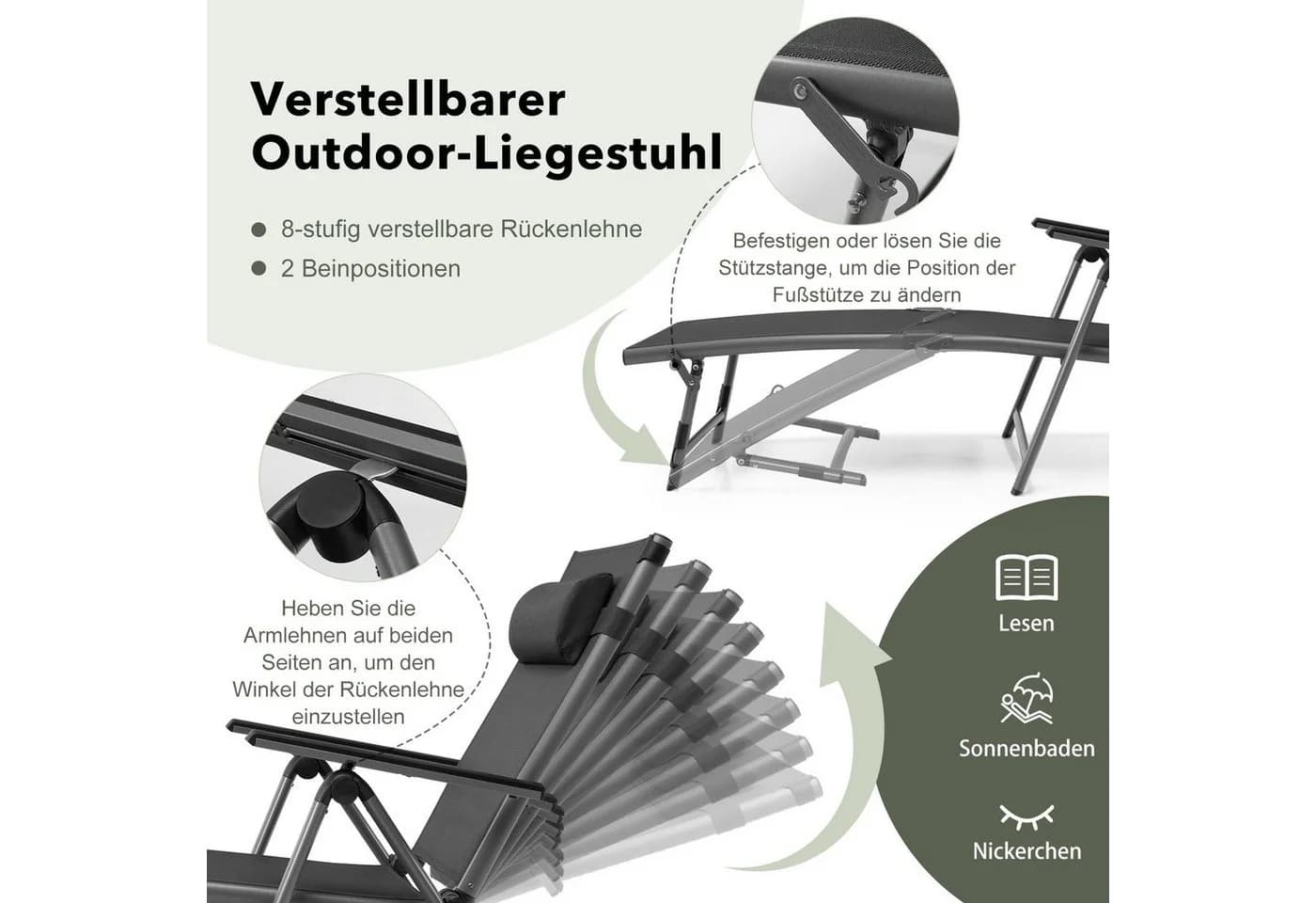 COSTWAY Gartenliege Liegestuhl 8-fach verstellbar mit Kopfkissen