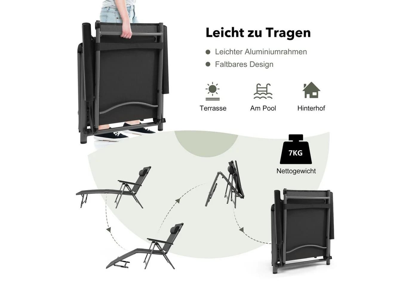 COSTWAY Gartenliege Liegestuhl 8-fach verstellbar mit Kopfkissen - Bild 4