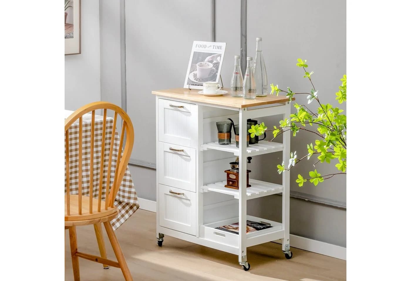 COSTWAY Küchenwagen mit Tablett, 3 Schubladen, Rollbar, 67x37x82,5cm