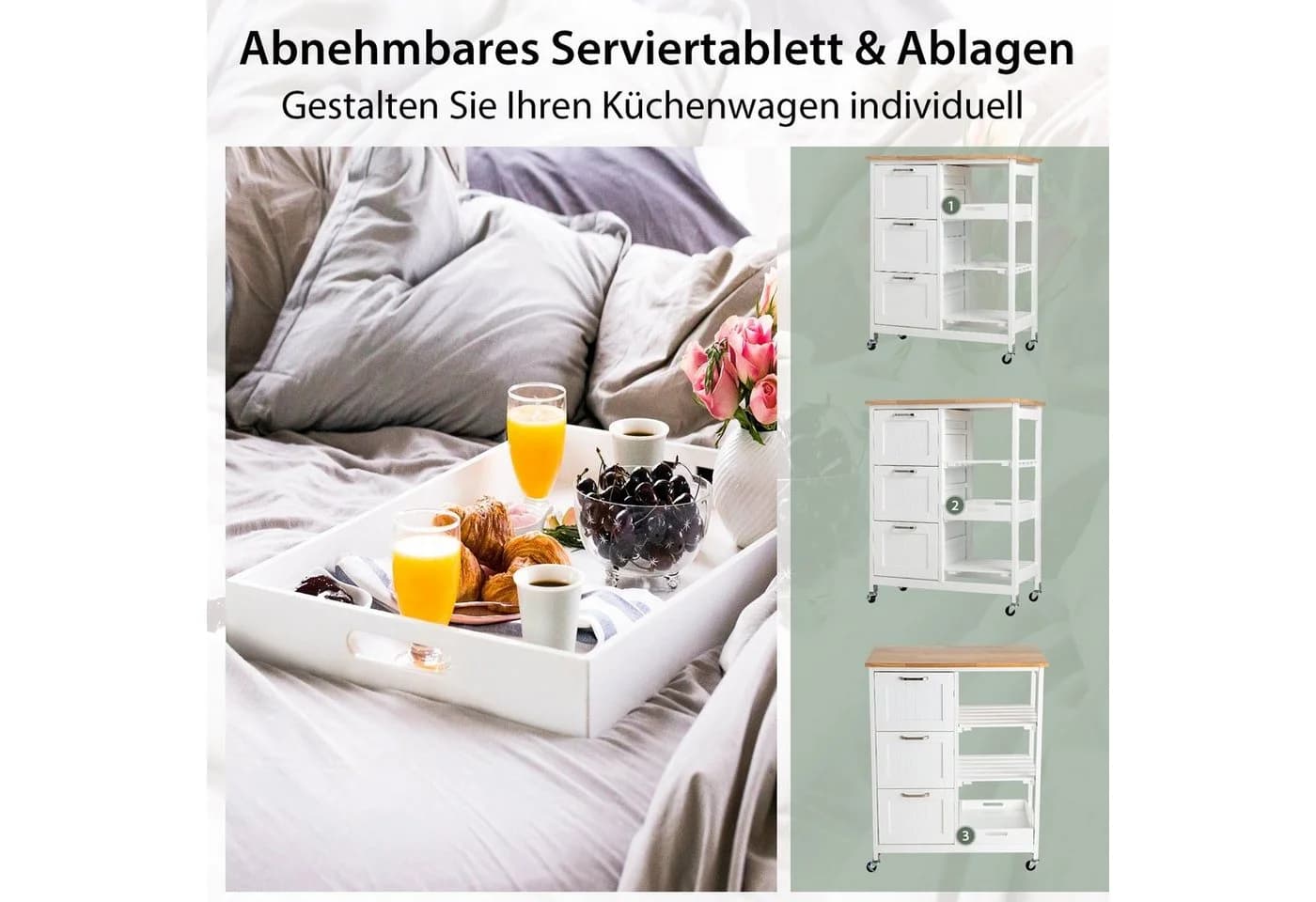 COSTWAY Küchenwagen mit Tablett, 3 Schubladen, Rollbar, 67x37x82,5cm - Bild 5