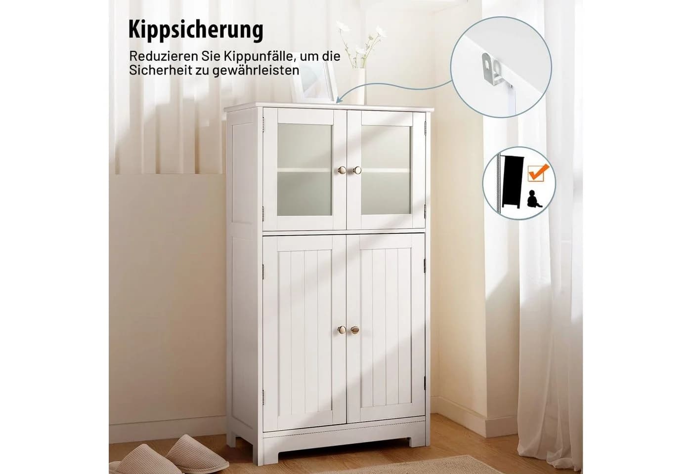 COSTWAY Mehrzweckschrank 4-türig Weiß/Grau MDF + Hartglas - Bild 3