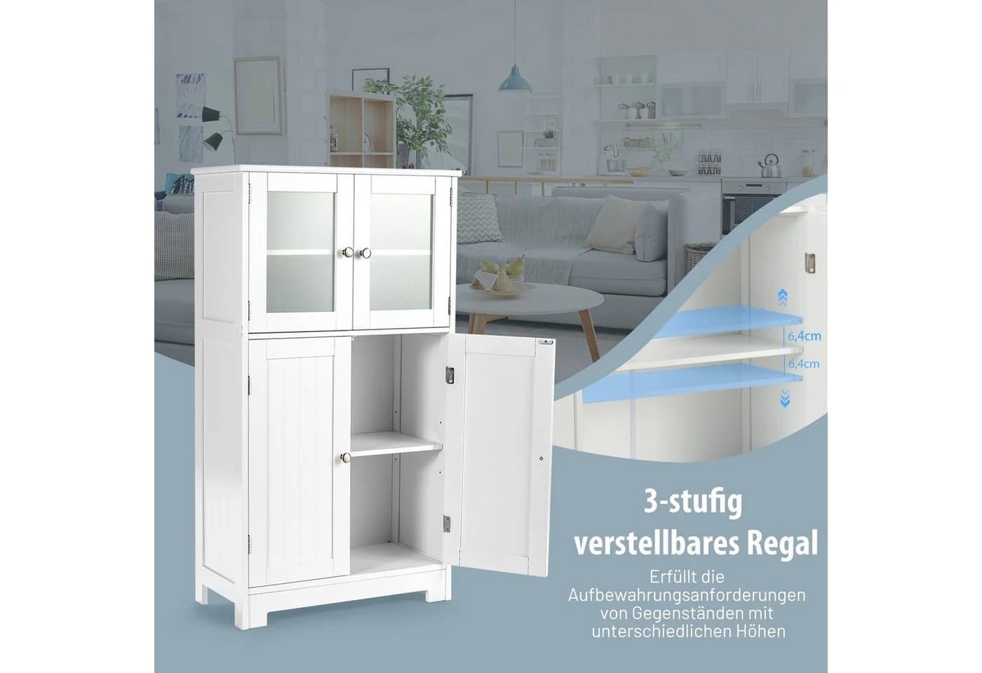 COSTWAY Mehrzweckschrank 4-türig Weiß/Grau MDF + Hartglas - Bild 4