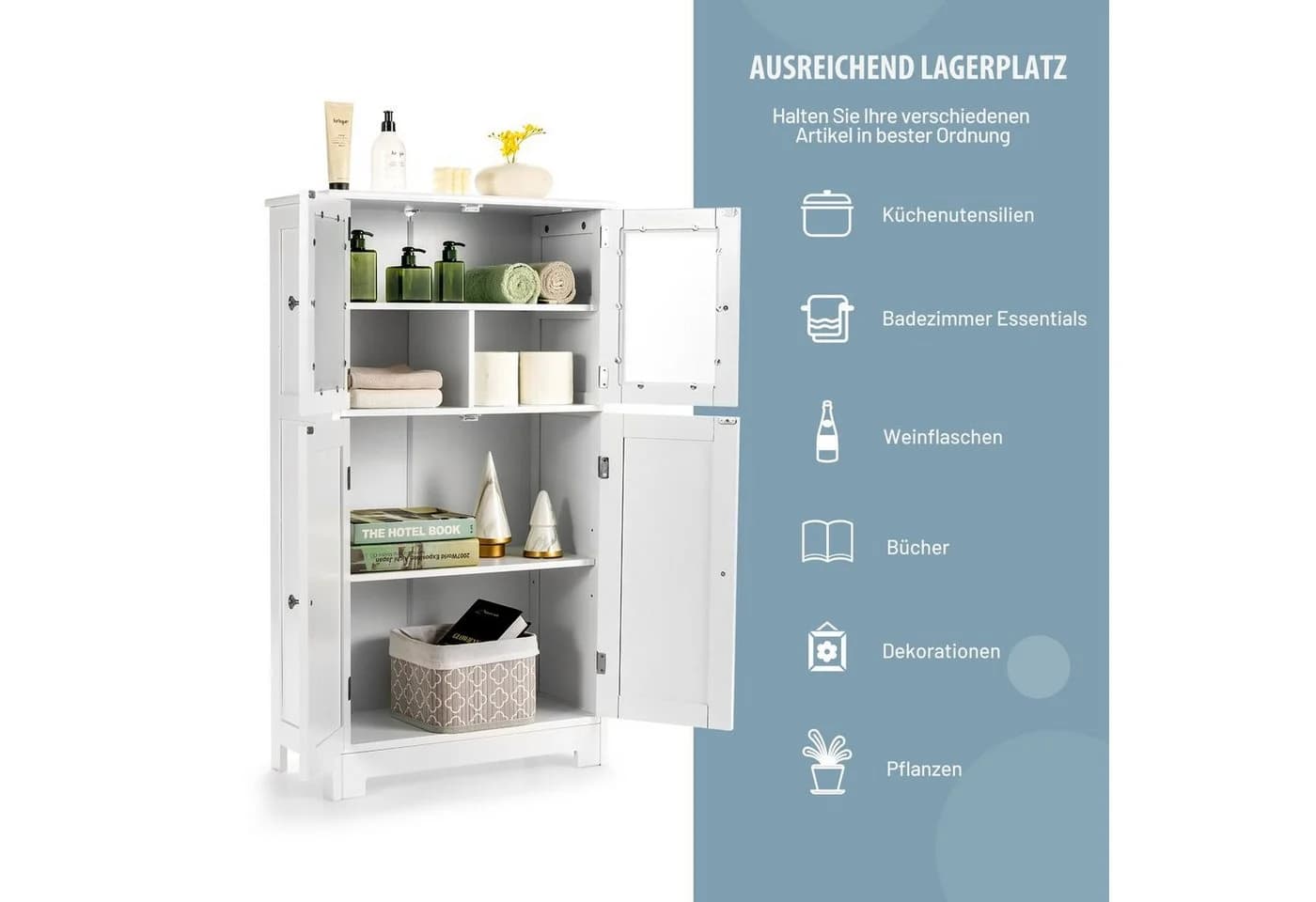 COSTWAY Mehrzweckschrank 4-türig Weiß/Grau MDF + Hartglas - Bild 5