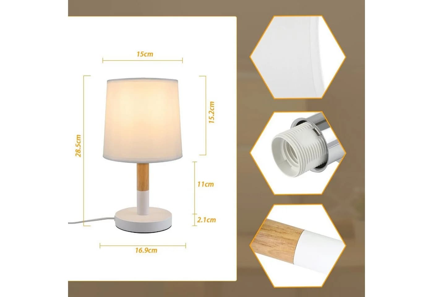 ZMH LED Tischleuchte E27 Holz Metall Lampenschirm Weiß - Bild 3