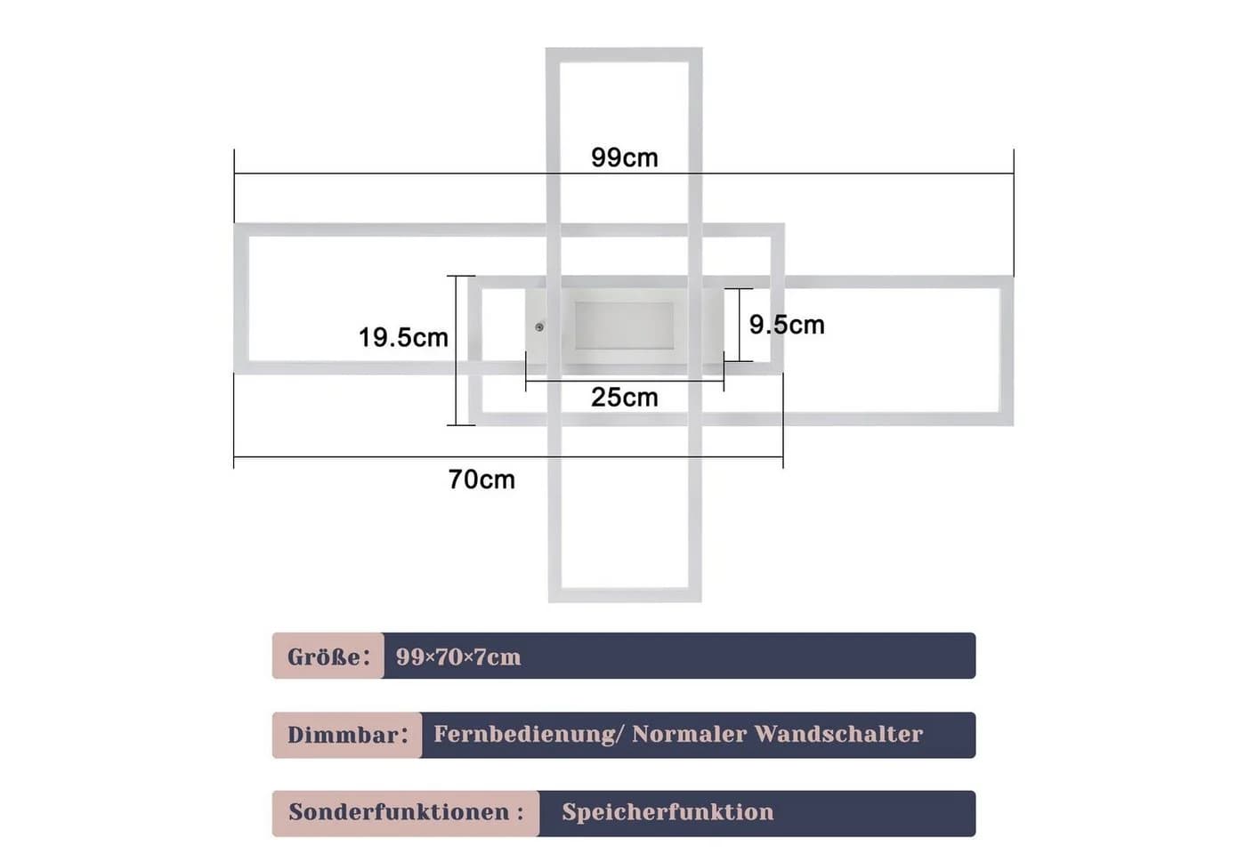 ZMH LED Deckenleuchte Wohnzimmer 50W 3 Rahmen Fernbedienung Weiß Dimmbar - Bild 3