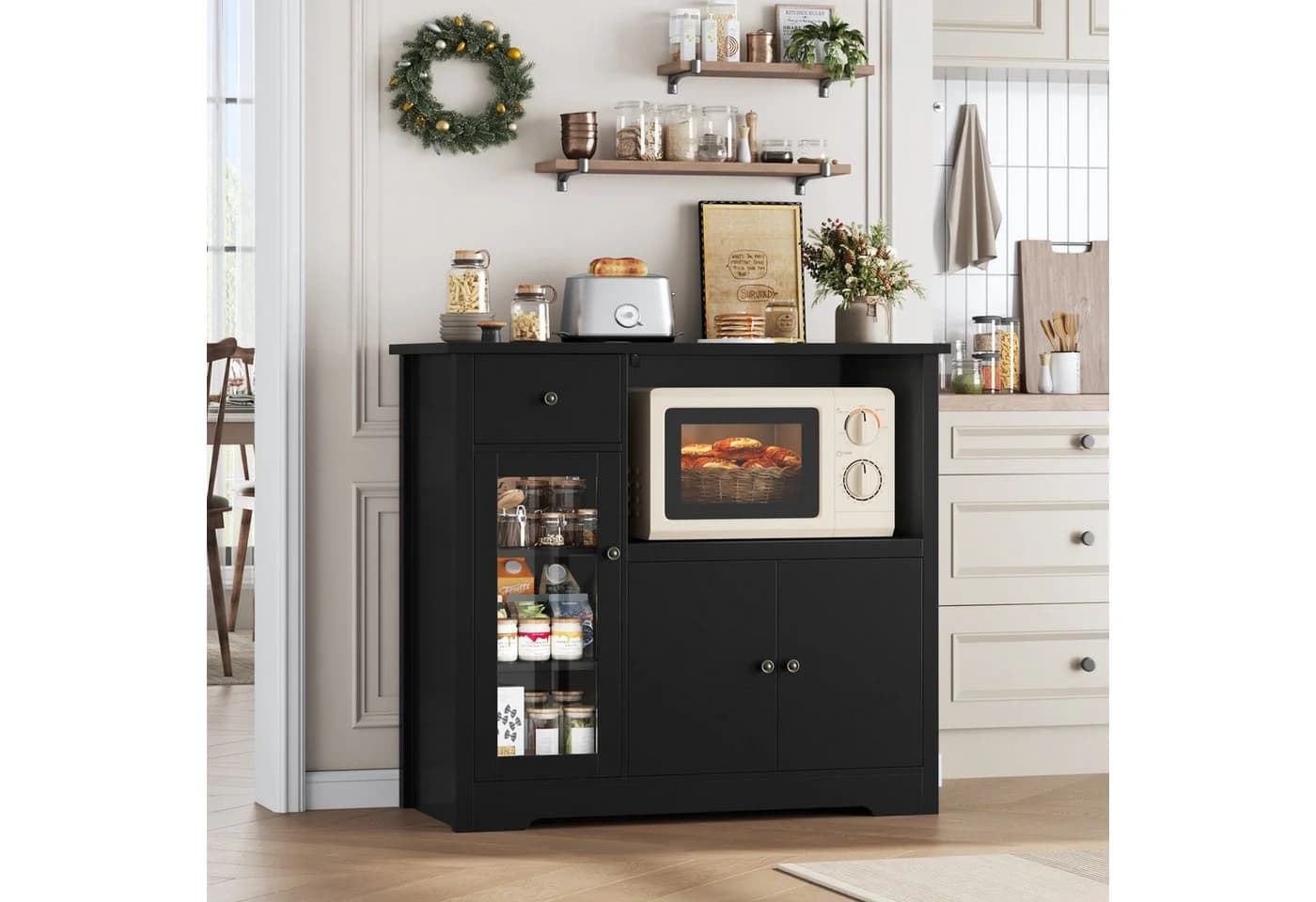 HOMECHO Buffet Küchenschrank weiß Mikrowellenregal mit Schubladen - Bild 3