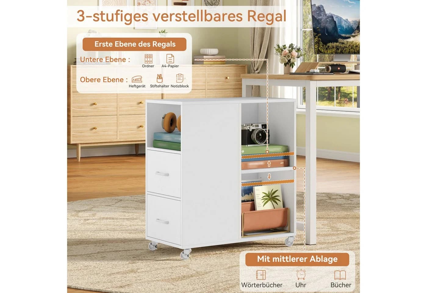 HOMECHO Rollwagen Rollcontainer Weiß/Braun - Bild 5