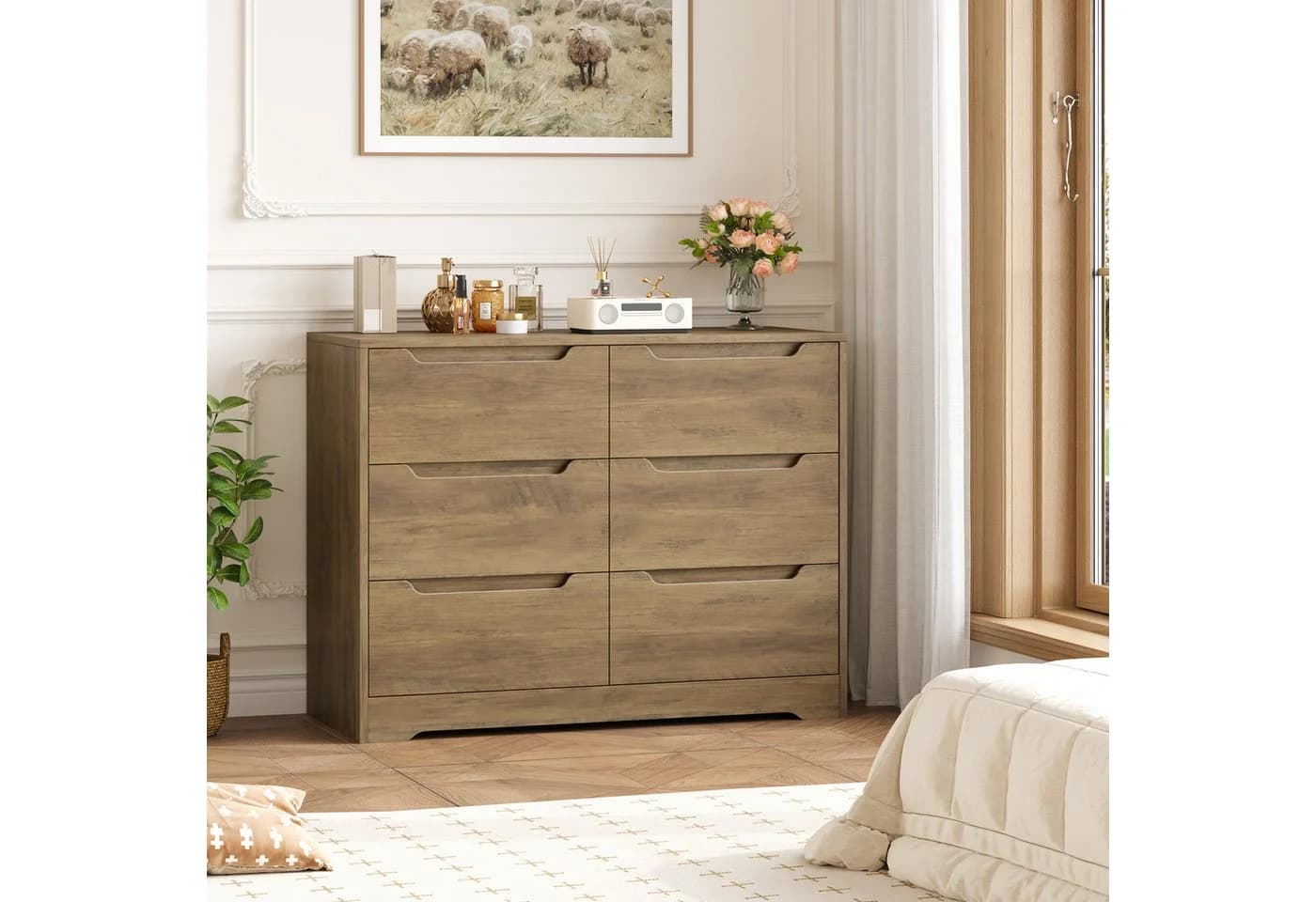 HOMECHO Kommode Sideboard 6 Schubladen Weiß Holz