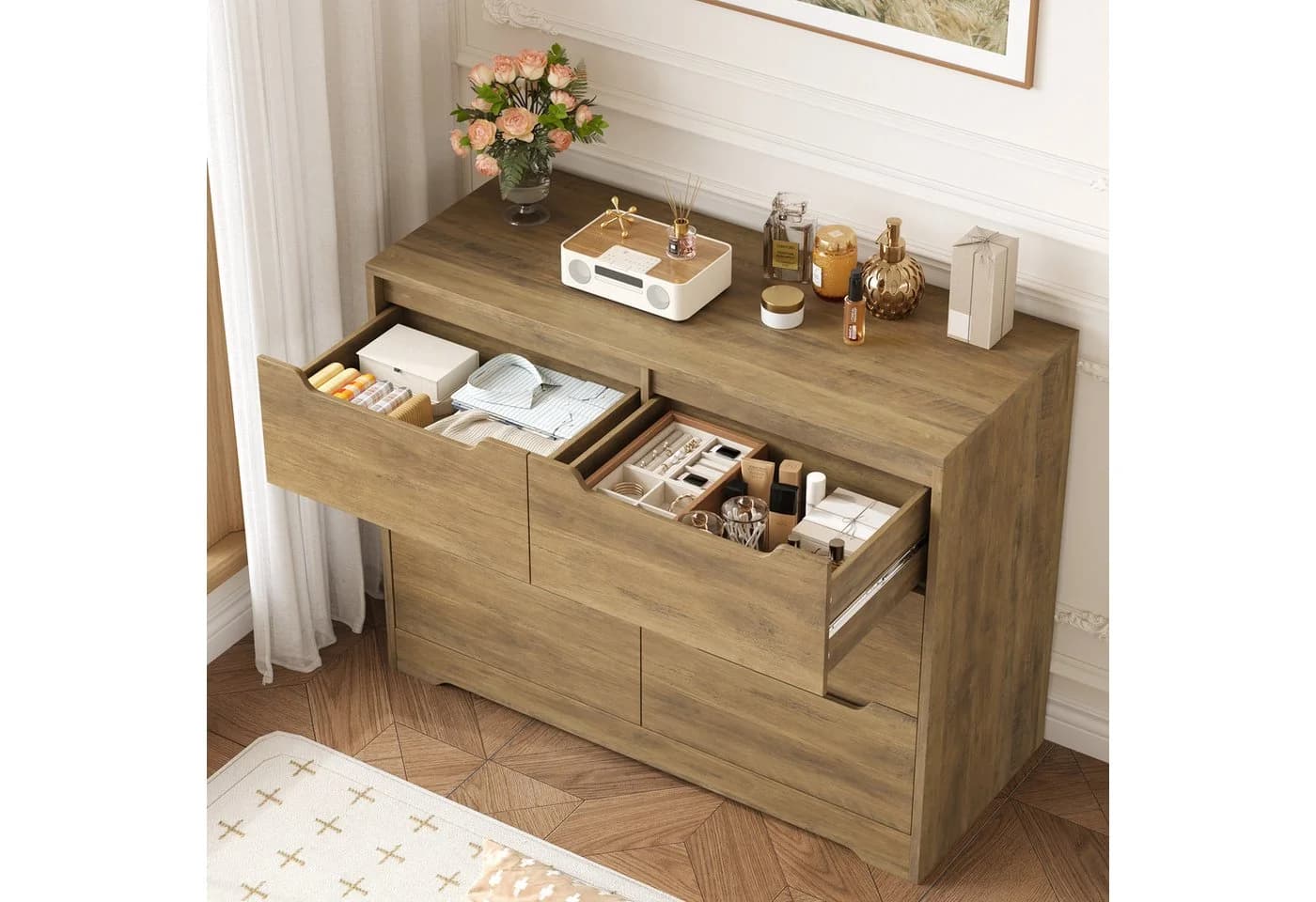 HOMECHO Kommode Sideboard 6 Schubladen Weiß Holz - Bild 4