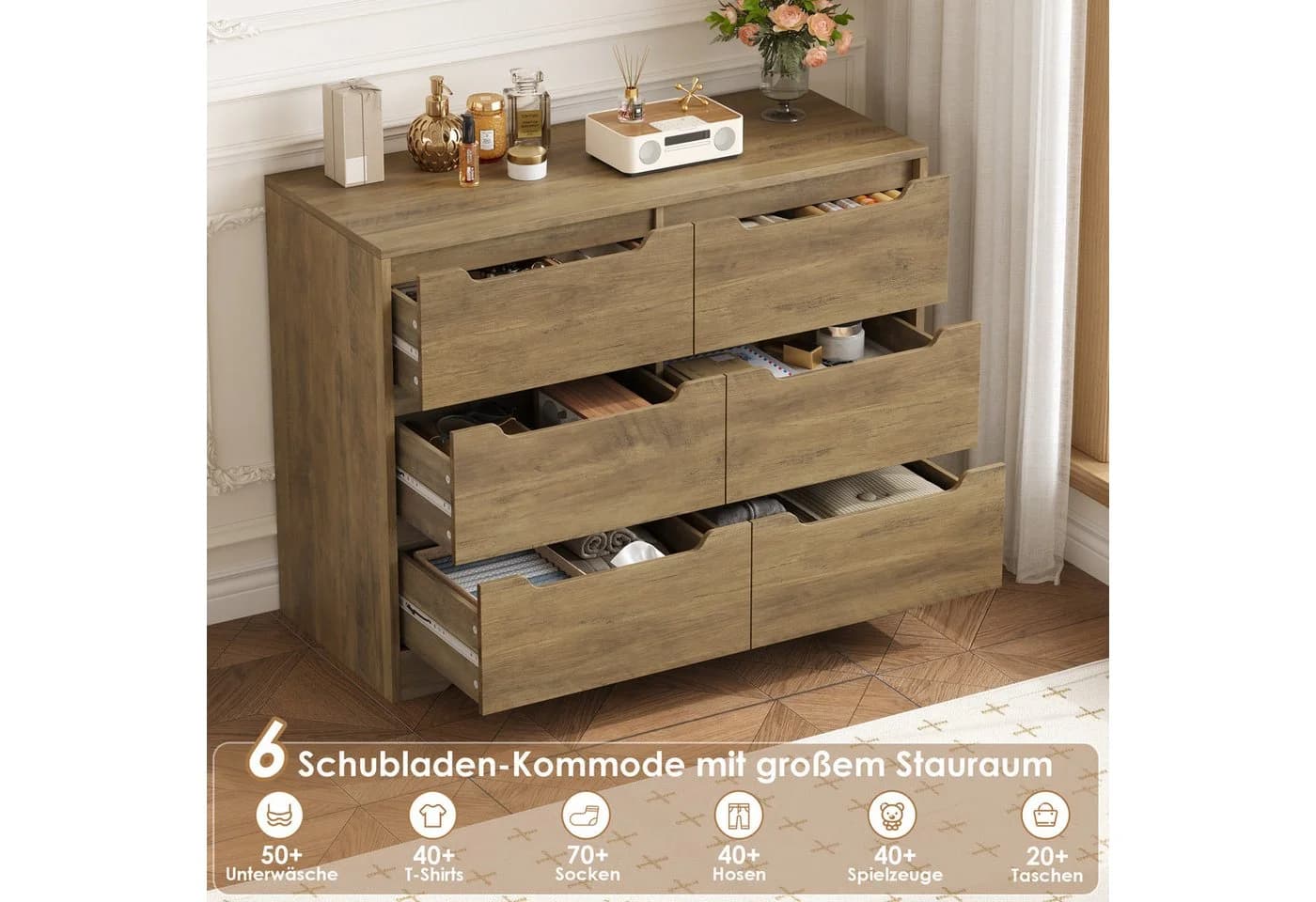 HOMECHO Kommode Sideboard 6 Schubladen Weiß Holz - Bild 5