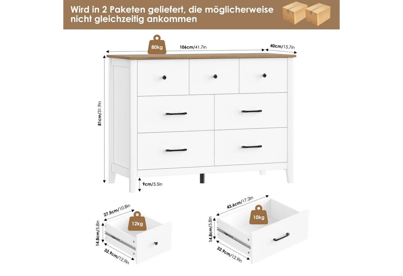 HOMECHO Kommode Weiß 7 Schubladen Brauner Platte