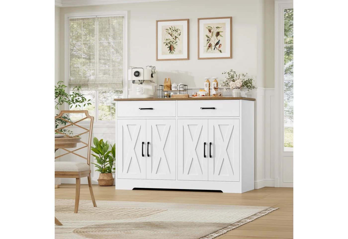 HOMECHO Buffet 120cm Küchenschrank Weiß/Schwarz 4 Türen 2 Schubladen