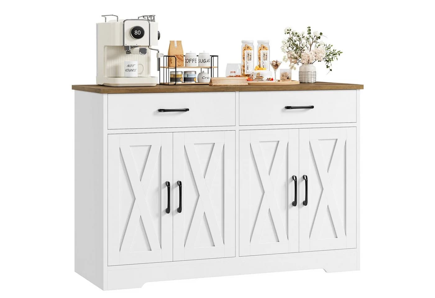 HOMECHO Buffet 120cm Küchenschrank Weiß/Schwarz 4 Türen 2 Schubladen - Bild 2