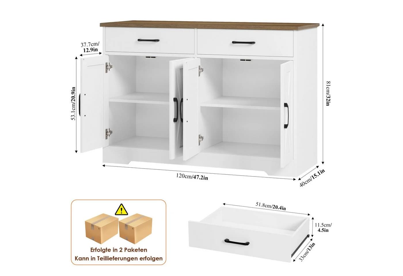 HOMECHO Buffet 120cm Küchenschrank Weiß/Schwarz 4 Türen 2 Schubladen - Bild 3