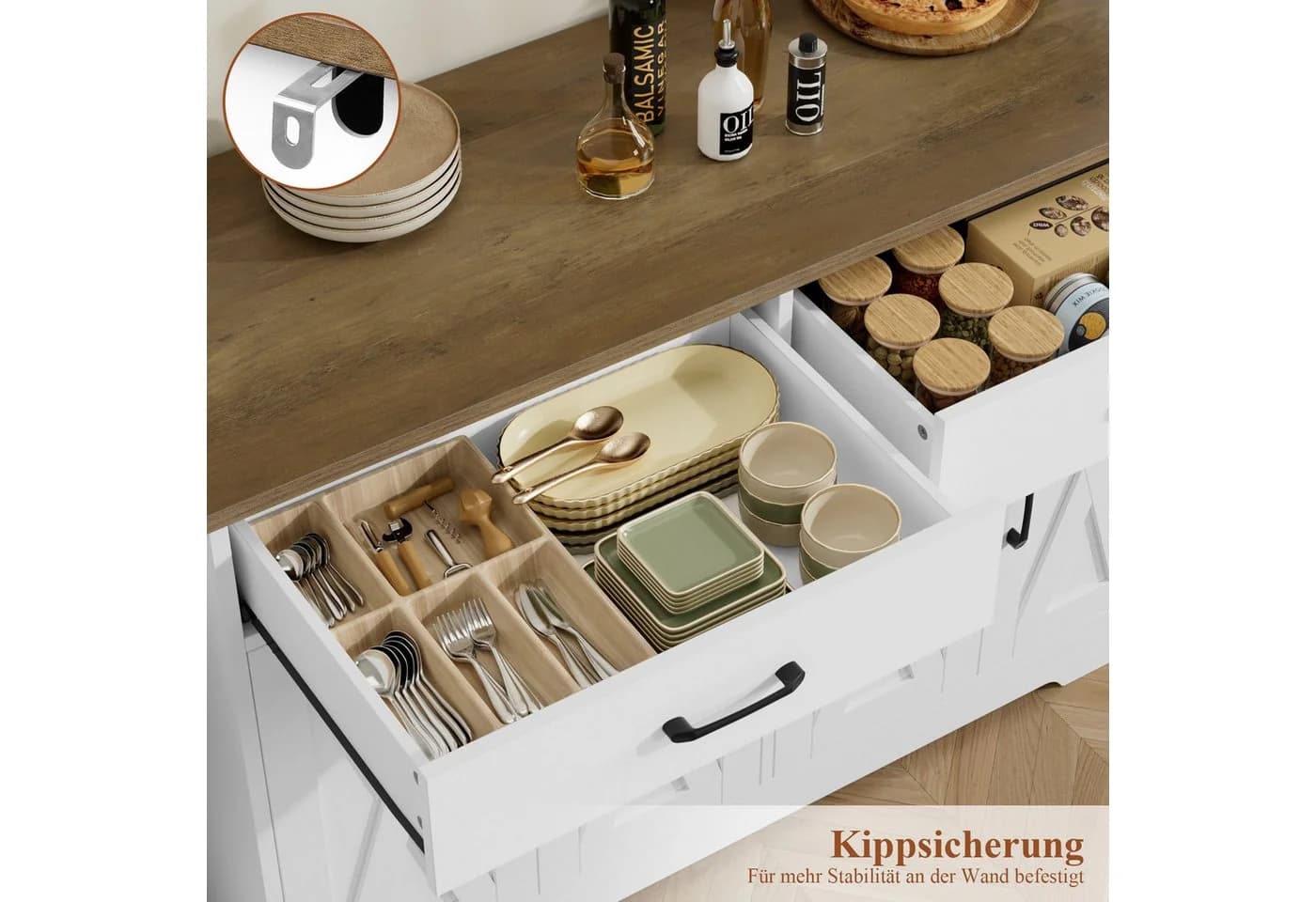HOMECHO Buffet 120cm Küchenschrank Weiß/Schwarz 4 Türen 2 Schubladen - Bild 4