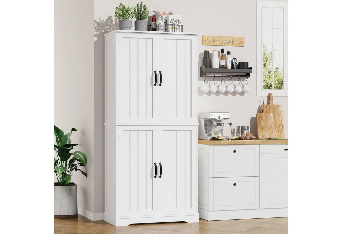 HOMECHO Küchenbuffet 180cm Küchenschrank 4 Türen Weiß