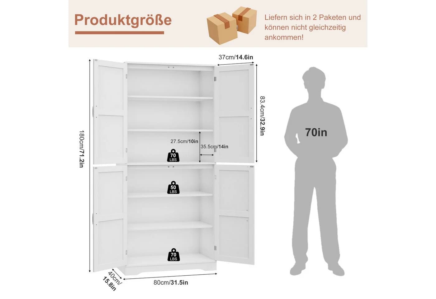 HOMECHO Küchenbuffet 180cm Küchenschrank 4 Türen Weiß - Bild 3