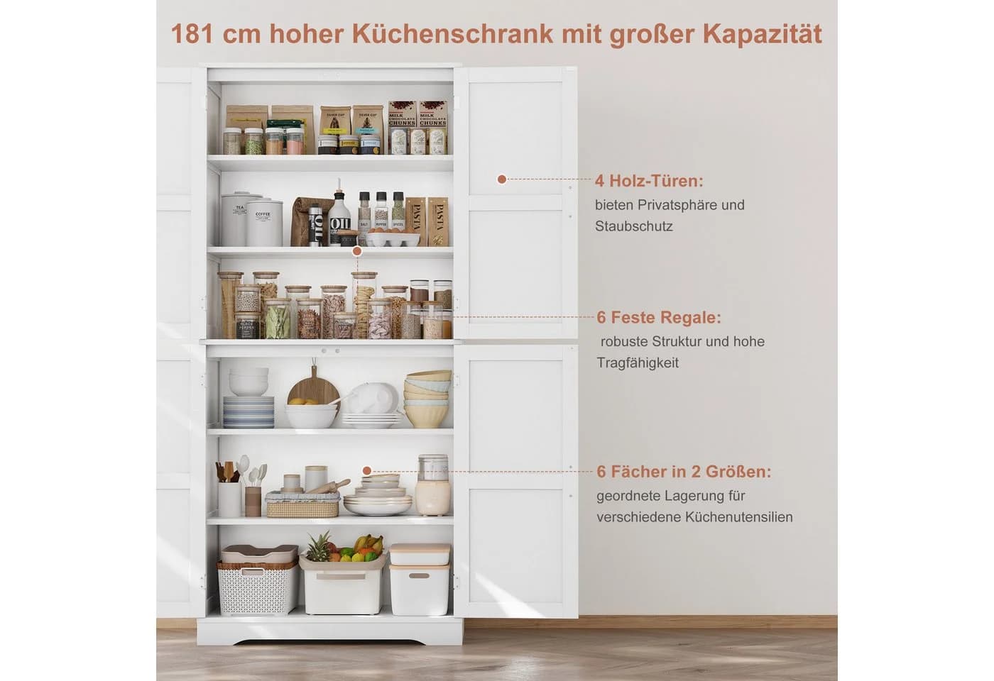 HOMECHO Küchenbuffet 180cm Küchenschrank 4 Türen Weiß - Bild 4