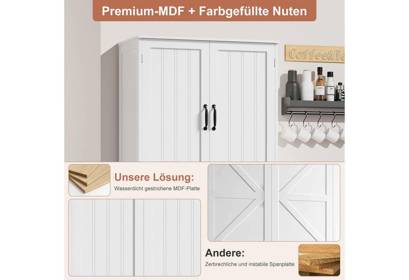 HOMECHO Küchenbuffet 180cm Küchenschrank 4 Türen Weiß - Bild 5