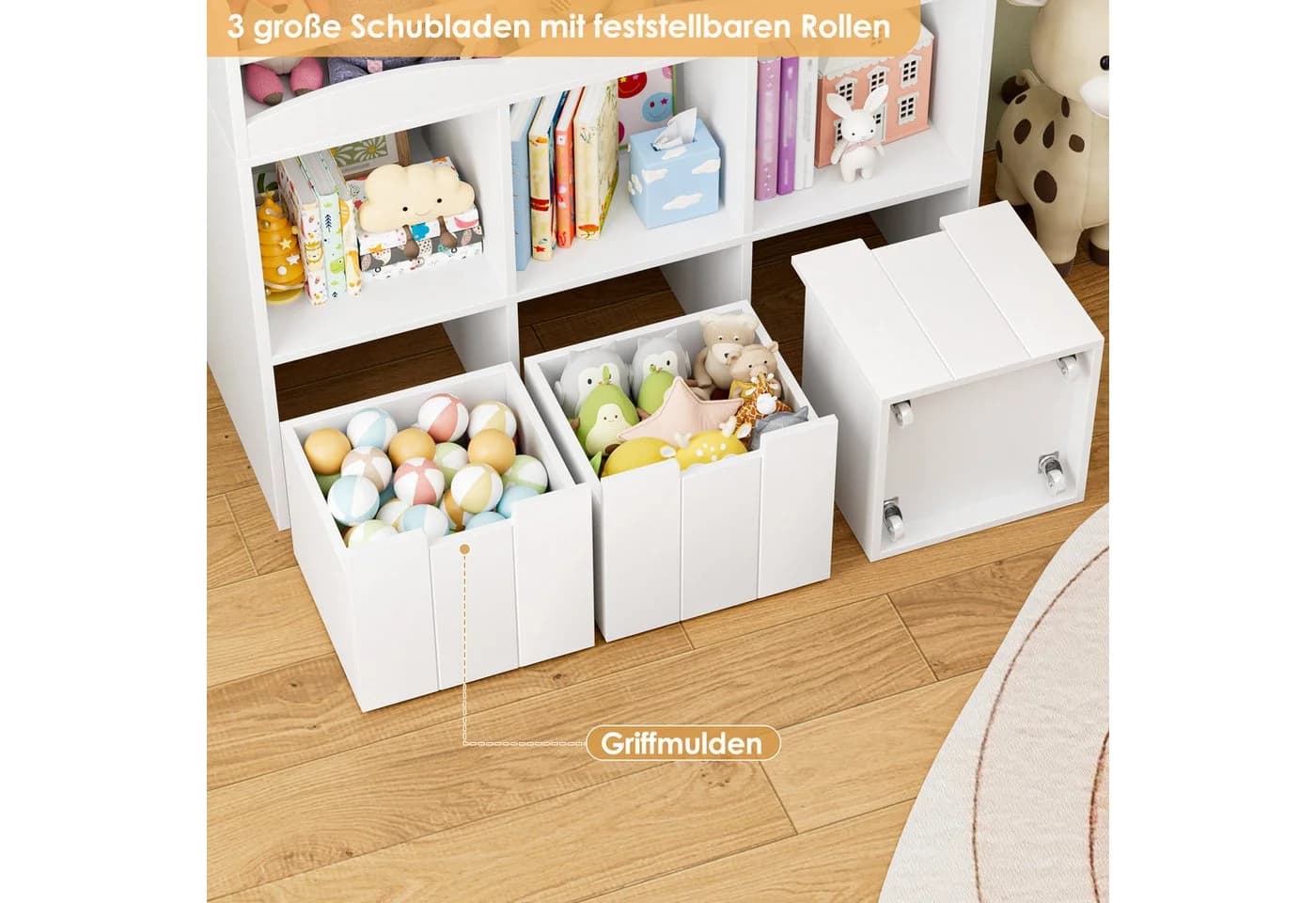 HOMECHO Spielzeugtruhe Kinderregal mit 5 Fächern und Rollschubladen Weiß - Bild 5