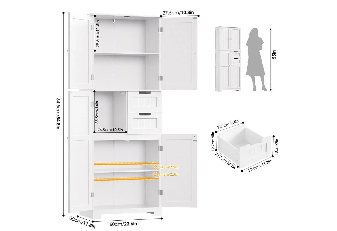 HOMECHO Hochschrank 4 Türen 2 Schubladen Weiß 164,5x60x30cm