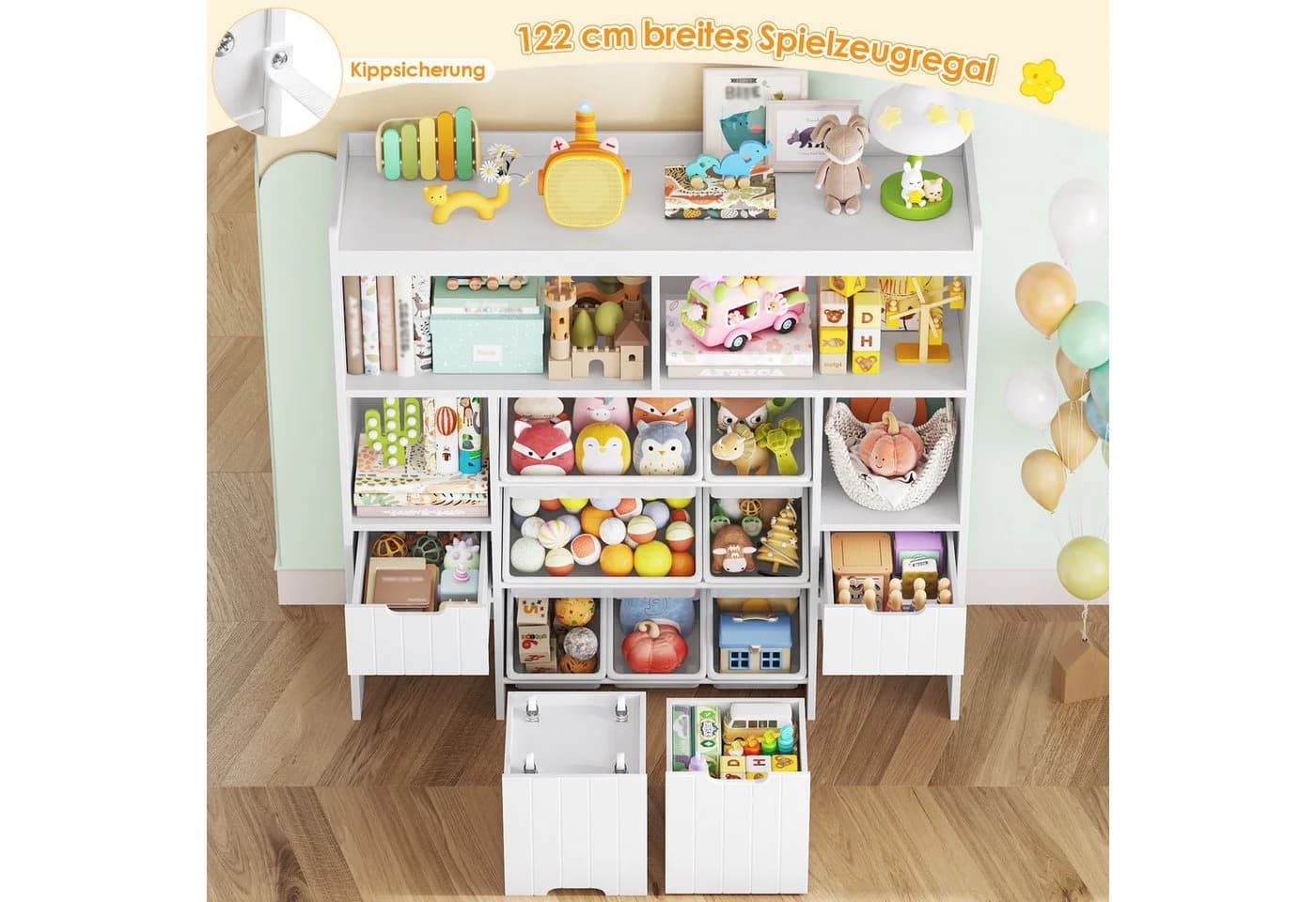 HOMECHO Spielzeugtruhe Kinderregal 7 Aufbewahrungsboxen 4 Schubladen Weiß