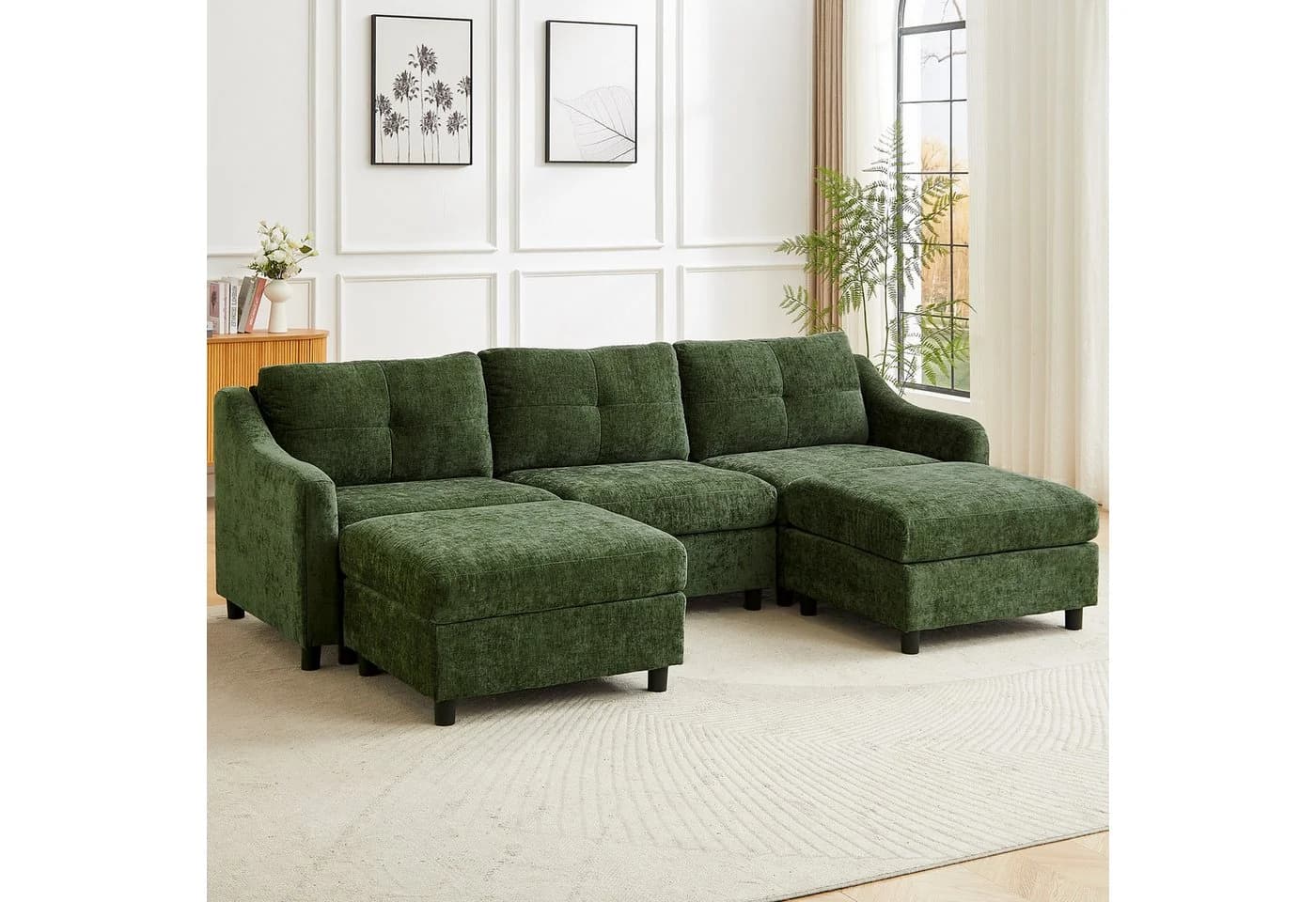 Jiexi Ecksofa mit Schlaffunktion Kordsofa Dunkelgrün - Bild 3