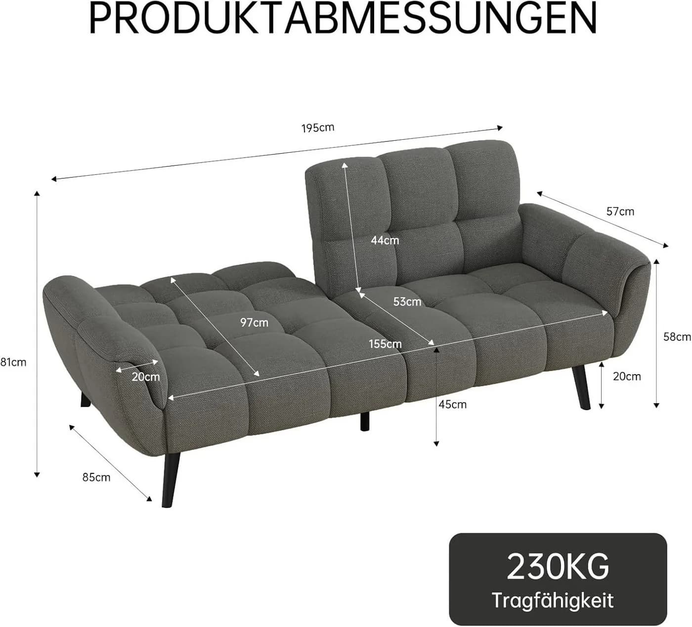 Jiexi 3-Sitzer Sofa Mit Schlaffunktion Grau Modern