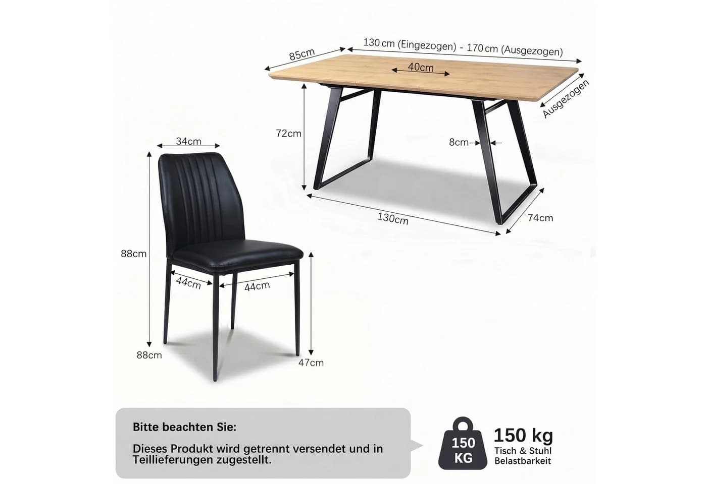 Jiexi Essgruppe ausziehbar Eiche-Optik mit PU-Leder Stühlen - Bild 3