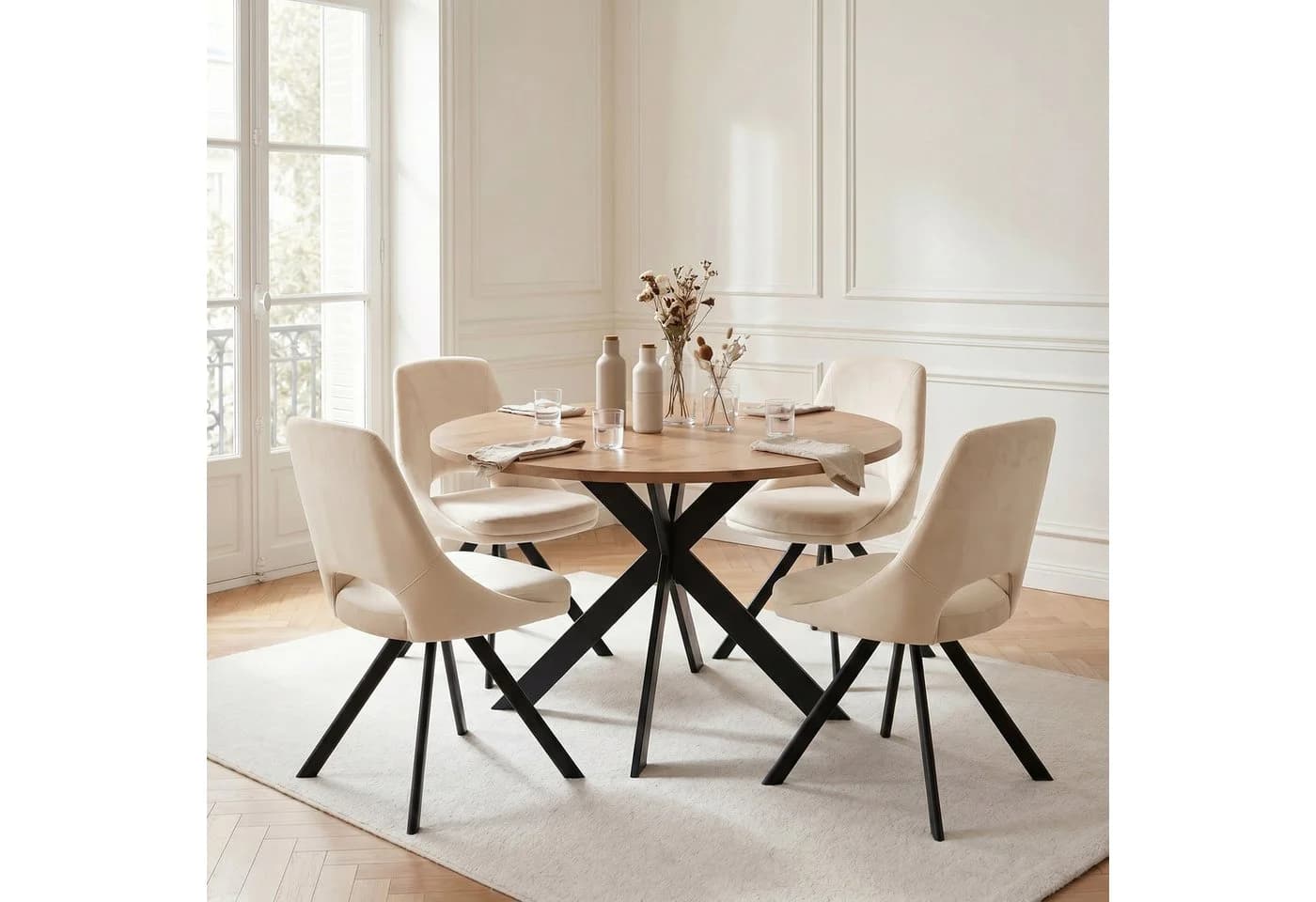 Jiexi Essgruppe Runder Esstisch mit 4 Stühlen MDF Flanell - Bild 2