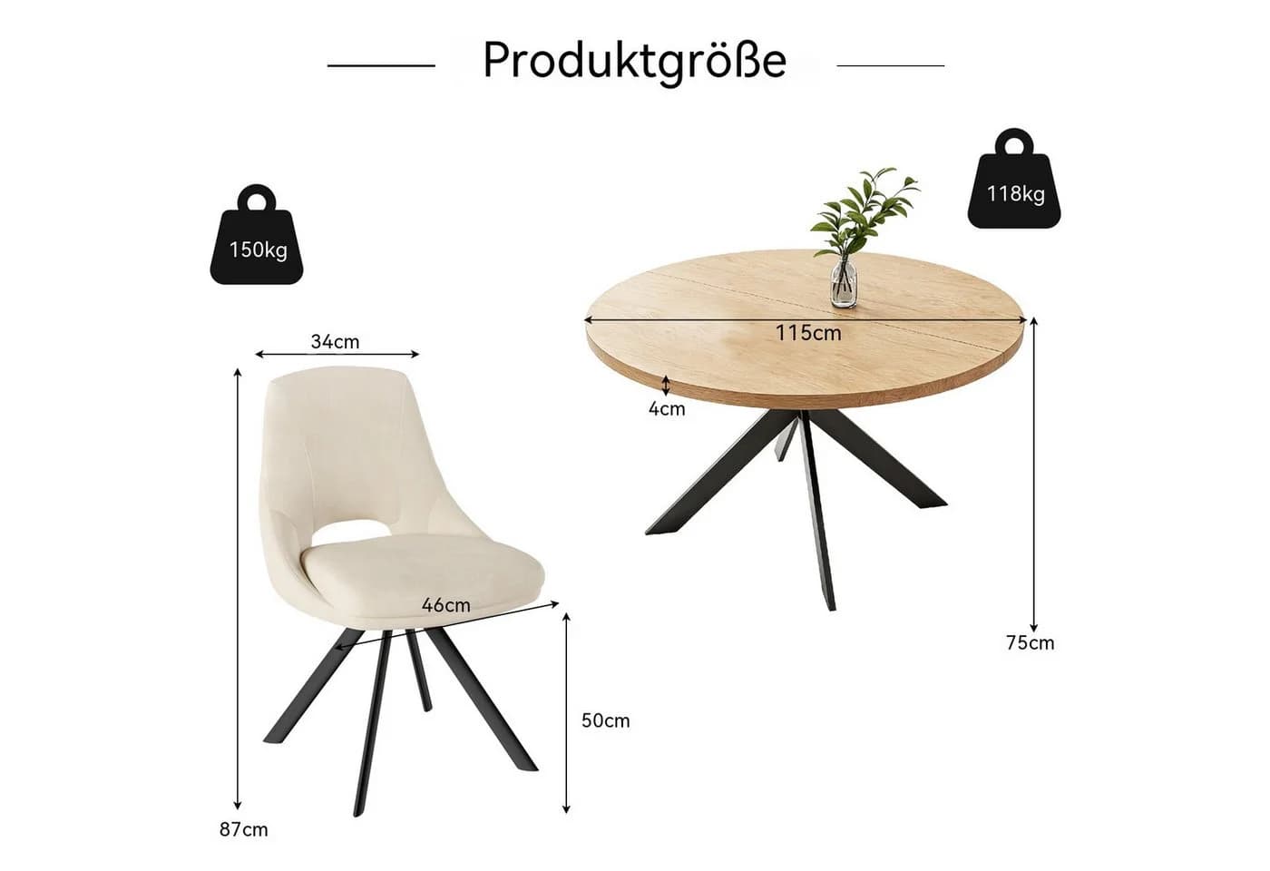 Jiexi Essgruppe Runder Esstisch mit 4 Stühlen MDF Flanell - Bild 3
