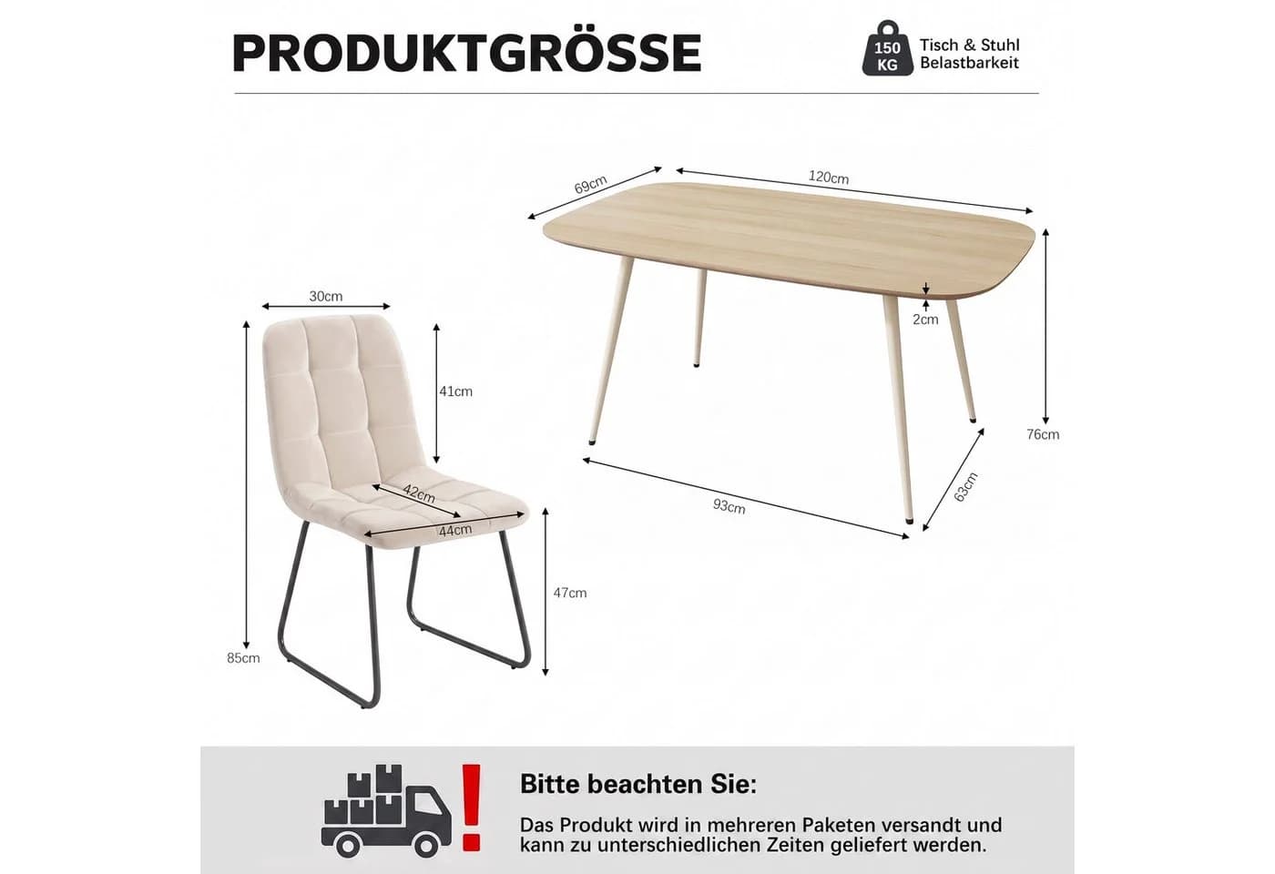 Jiexi Essgruppe mit Flanell-Stühlen Eichenoptik Beige - Bild 3