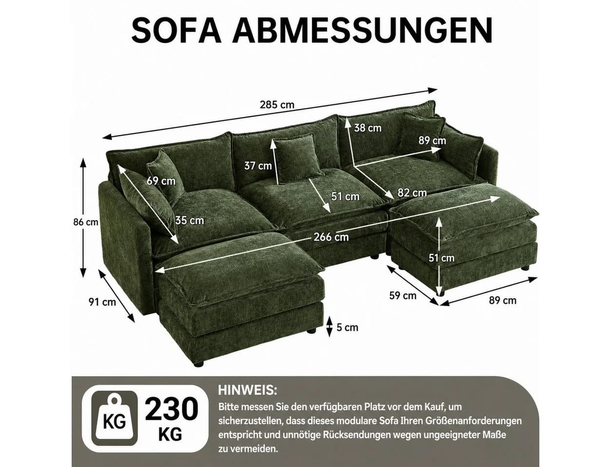 Jiexi Ecksofa 285cm Grün mit Schlaffunktion und Fußstützen - Bild 3
