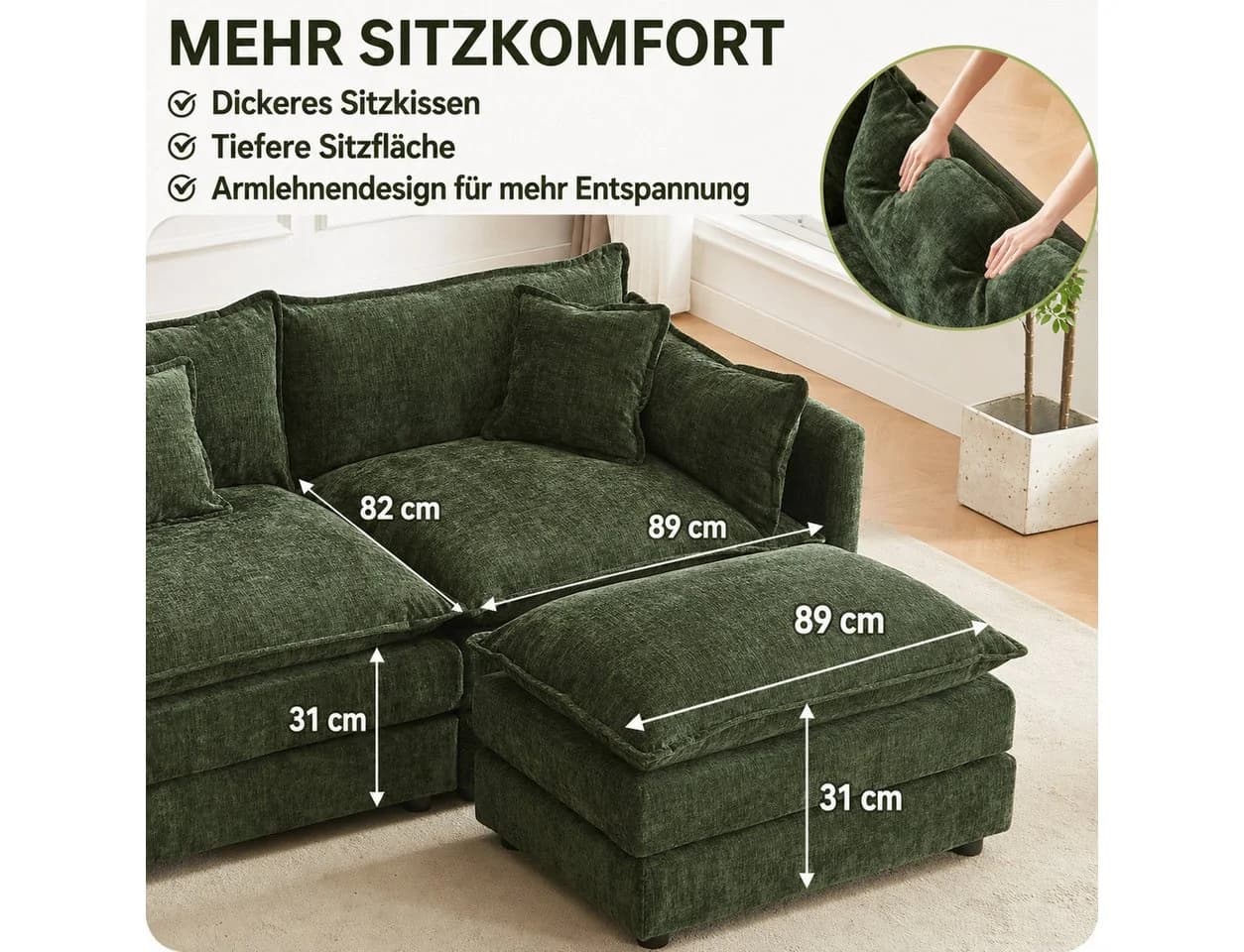 Jiexi Ecksofa 285cm Grün mit Schlaffunktion und Fußstützen - Bild 4