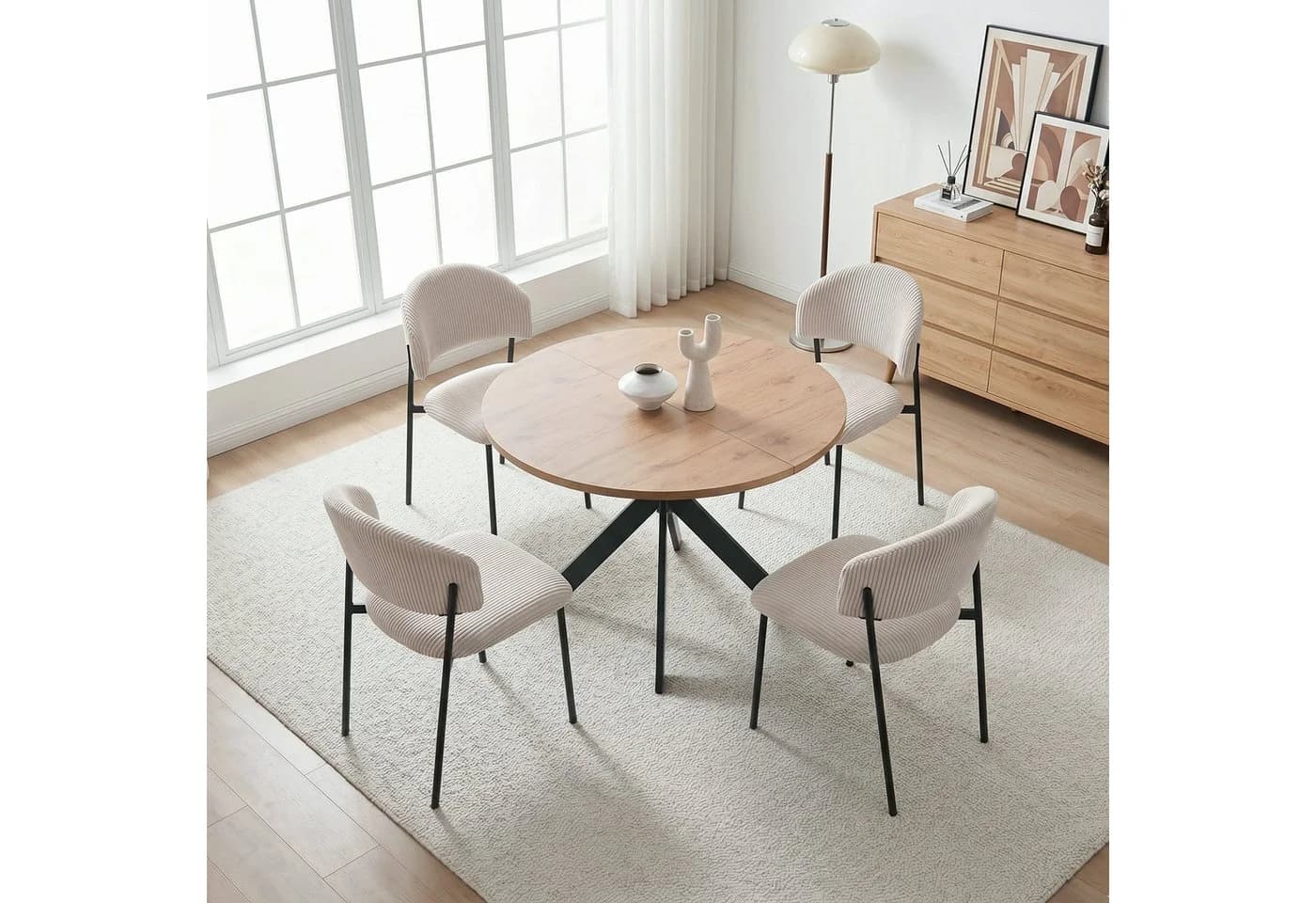 Jiexi Essgruppe Rundtisch mit 4 Stühlen Cord-Bezug Modern