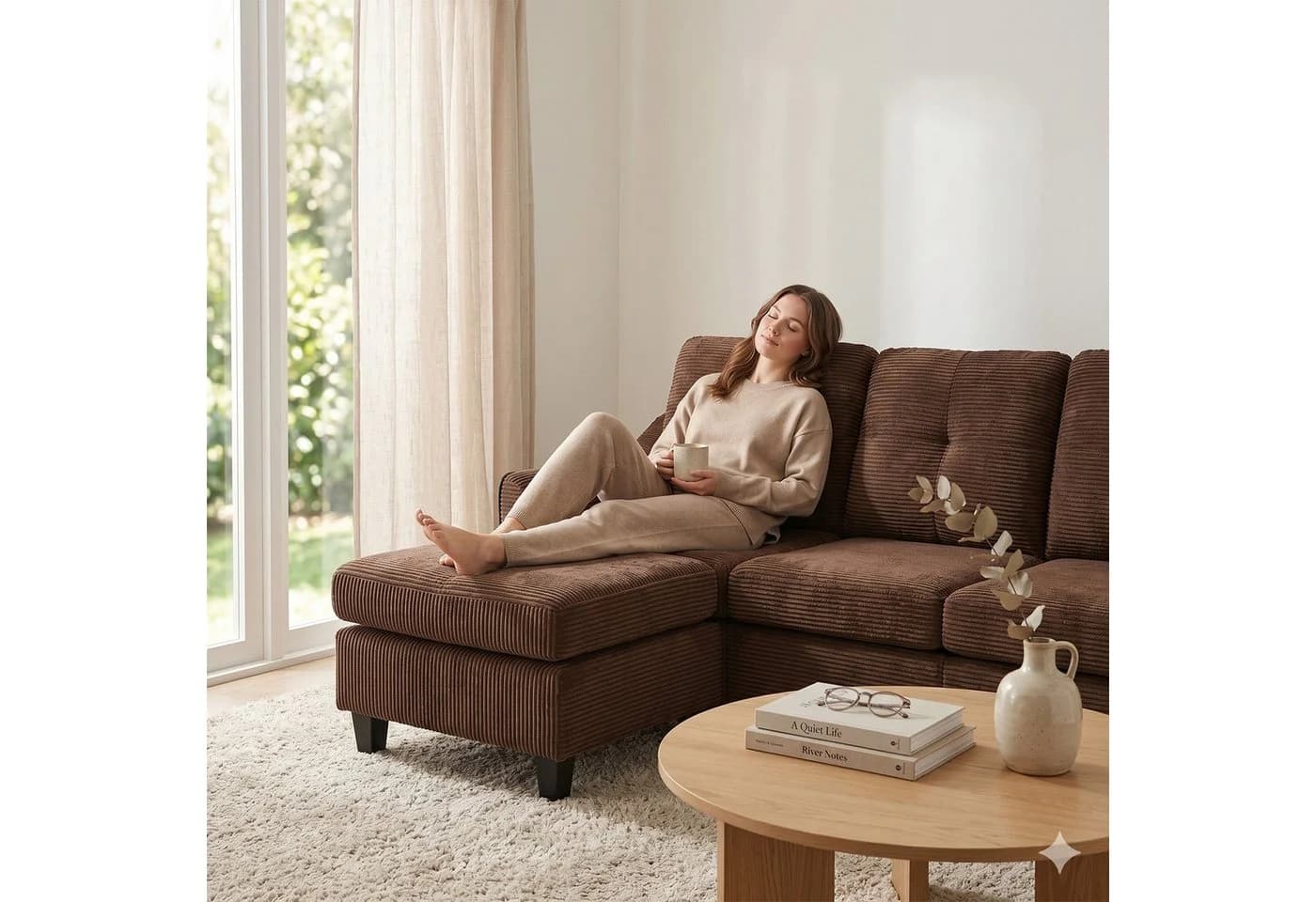Jiexi Ecksofa Cord Sofa Braun mit Hocker, 3-Sitzer Couch fürs Wohnzimmer