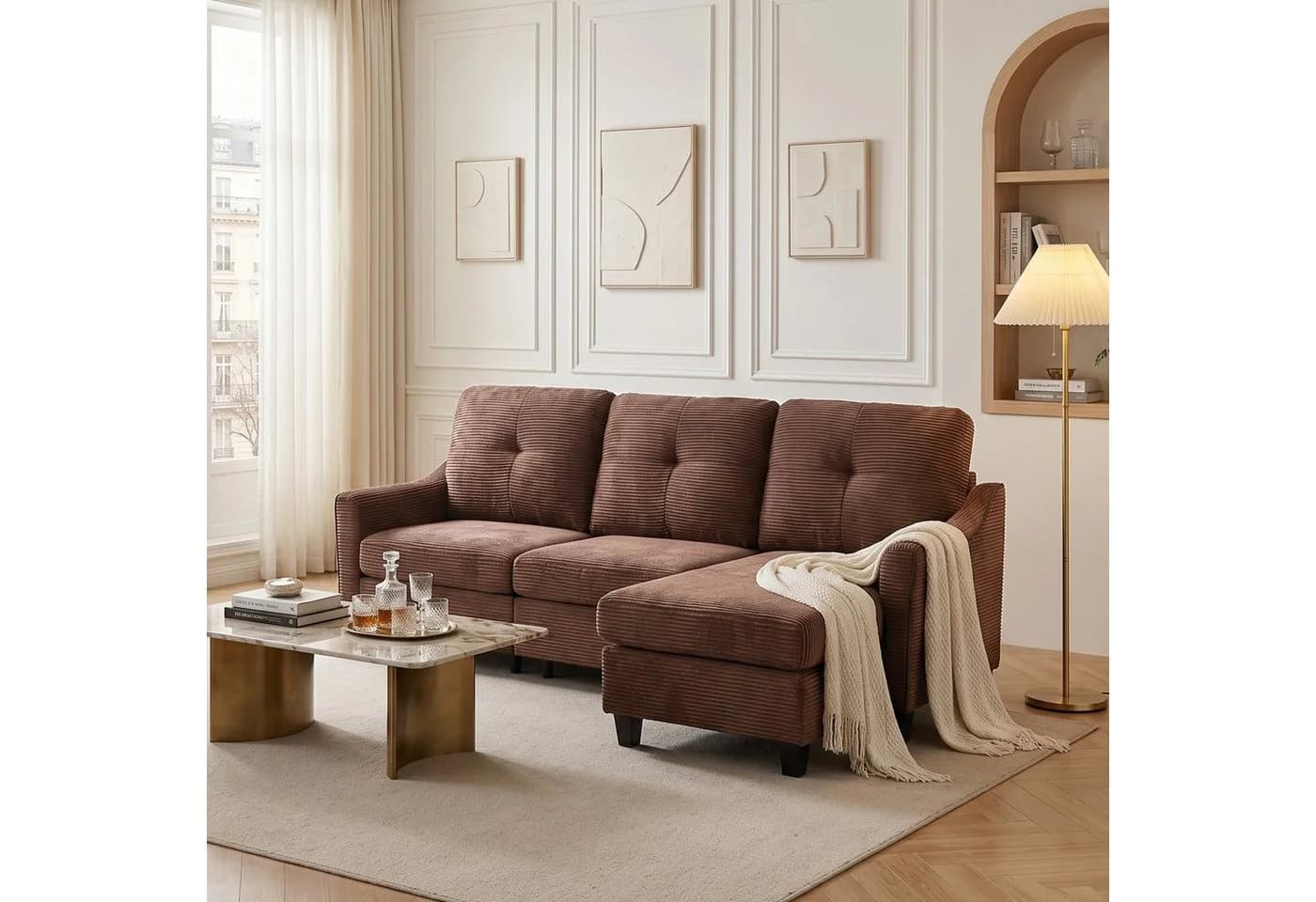 Jiexi Ecksofa Cord Sofa Braun mit Hocker, 3-Sitzer Couch fürs Wohnzimmer - Bild 2