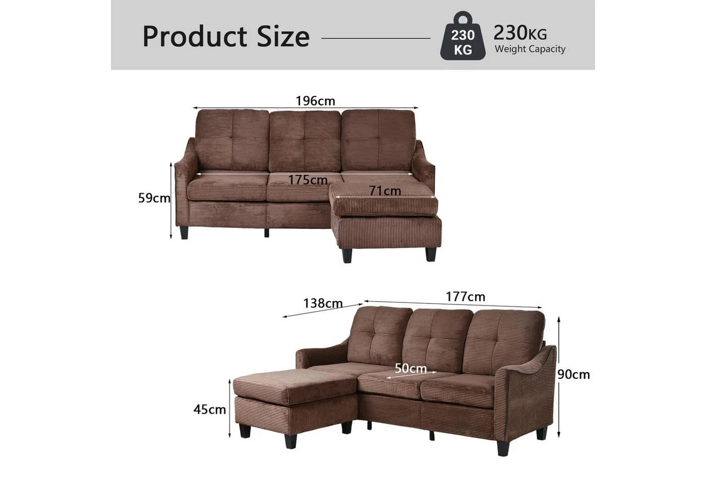 Jiexi Ecksofa Cord Sofa Braun mit Hocker, 3-Sitzer Couch fürs Wohnzimmer - Bild 3