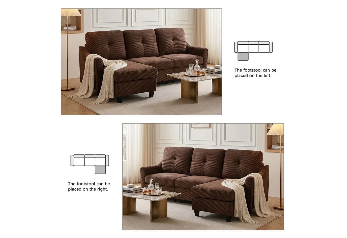 Jiexi Ecksofa Cord Sofa Braun mit Hocker, 3-Sitzer Couch fürs Wohnzimmer - Bild 4