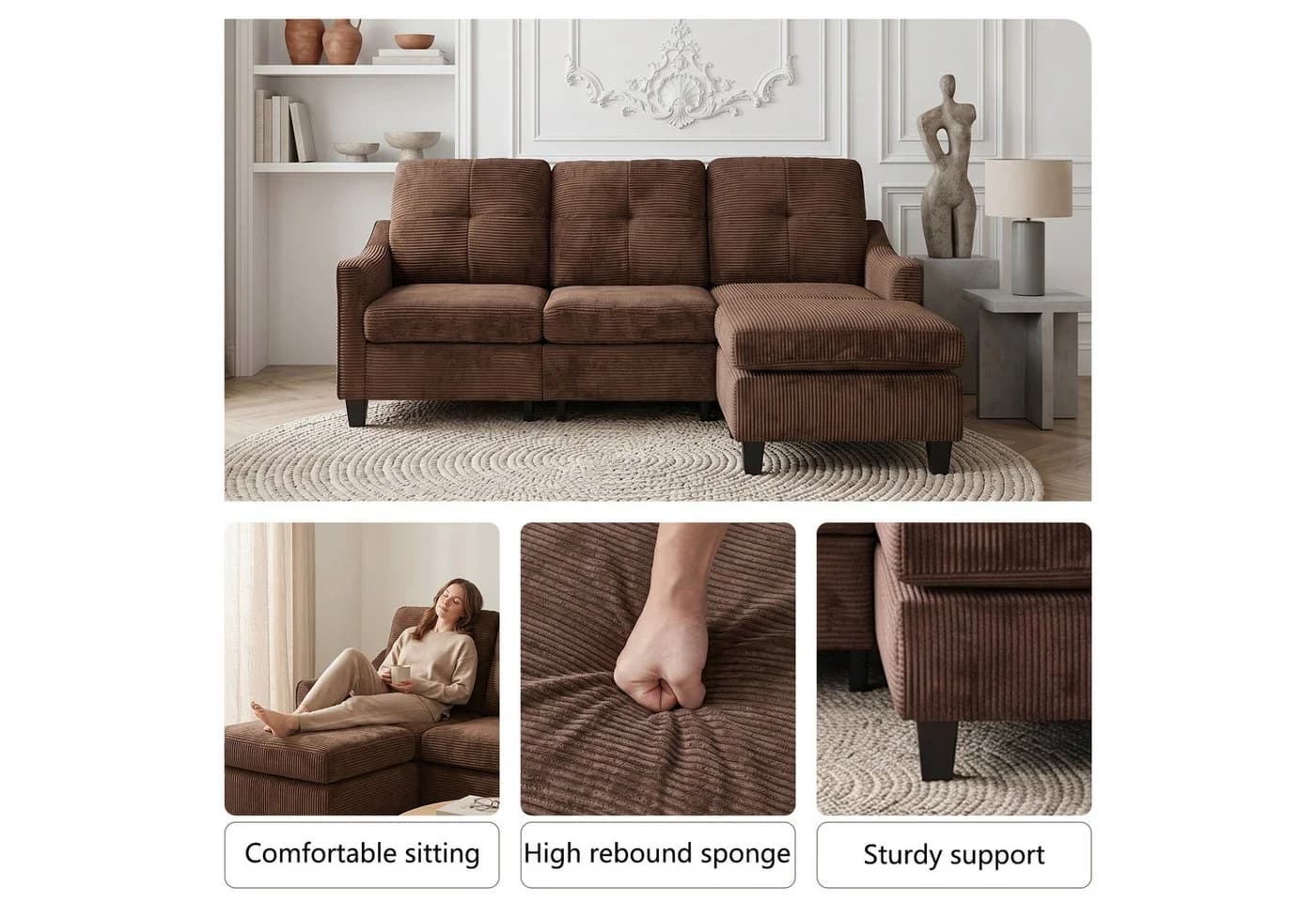Jiexi Ecksofa Cord Sofa Braun mit Hocker, 3-Sitzer Couch fürs Wohnzimmer - Bild 5