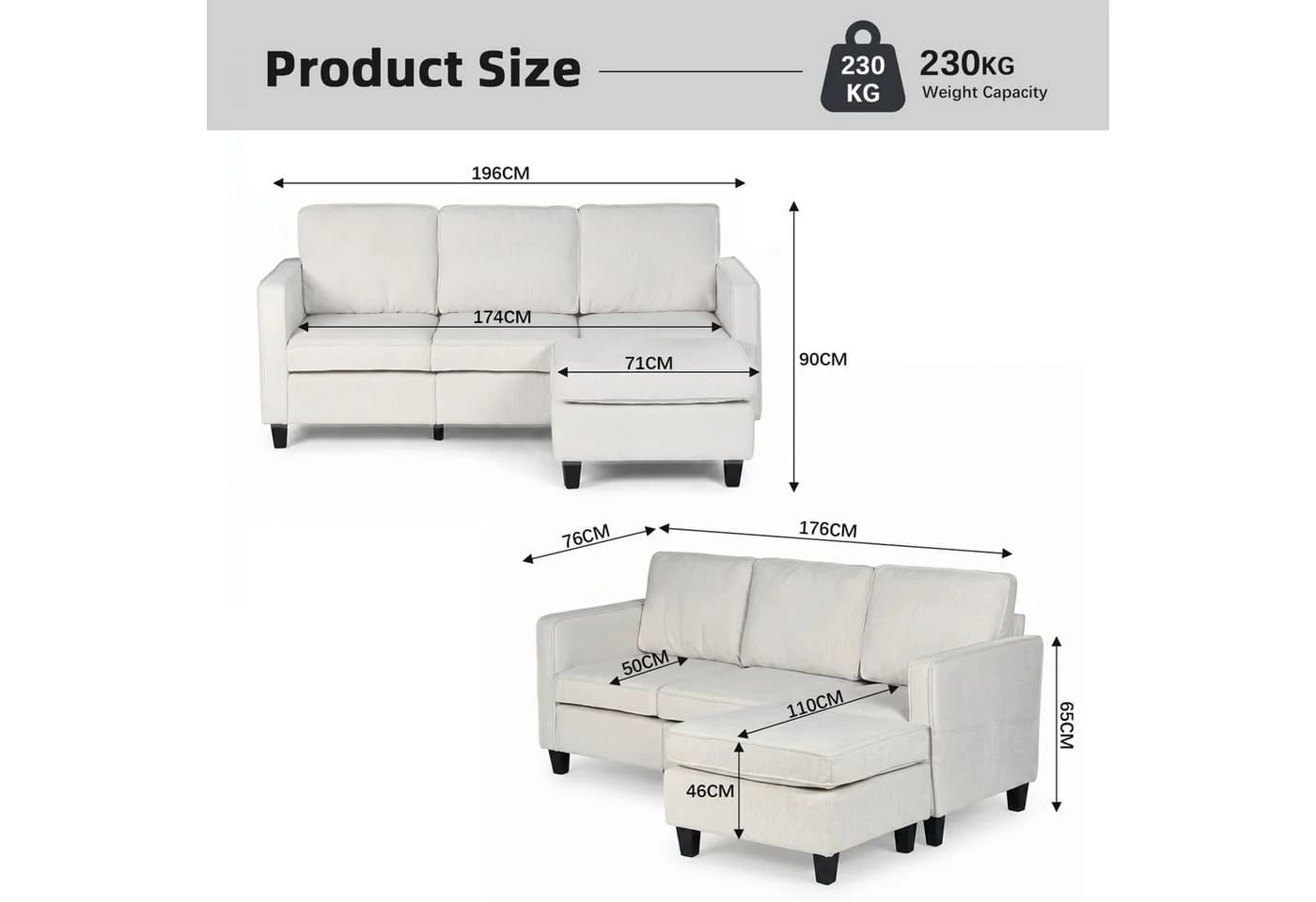 Jiexi 3-Sitzer Sofa Beige mit beweglichem Hocker - Bild 4