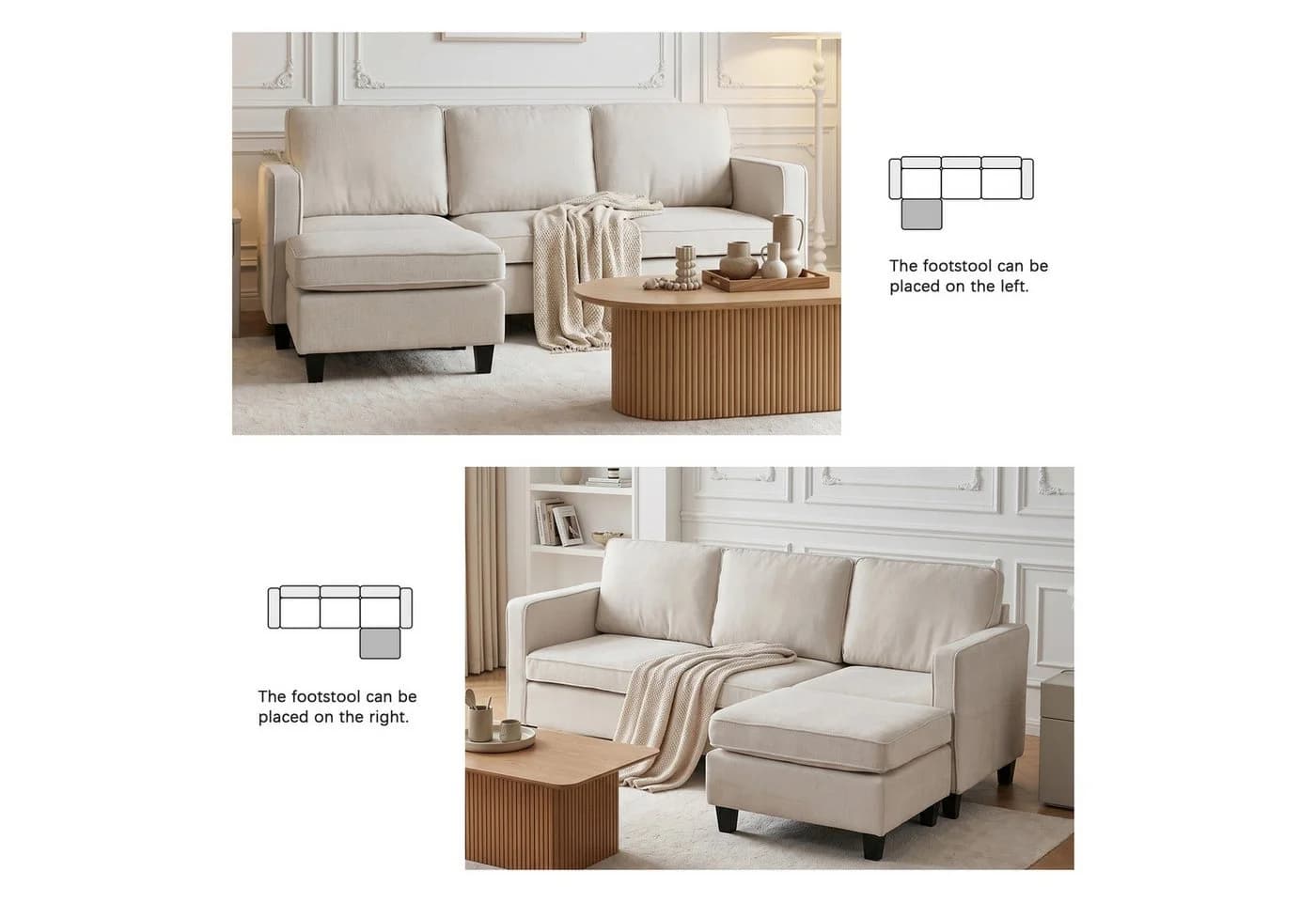 Jiexi 3-Sitzer Sofa Beige mit beweglichem Hocker - Bild 5