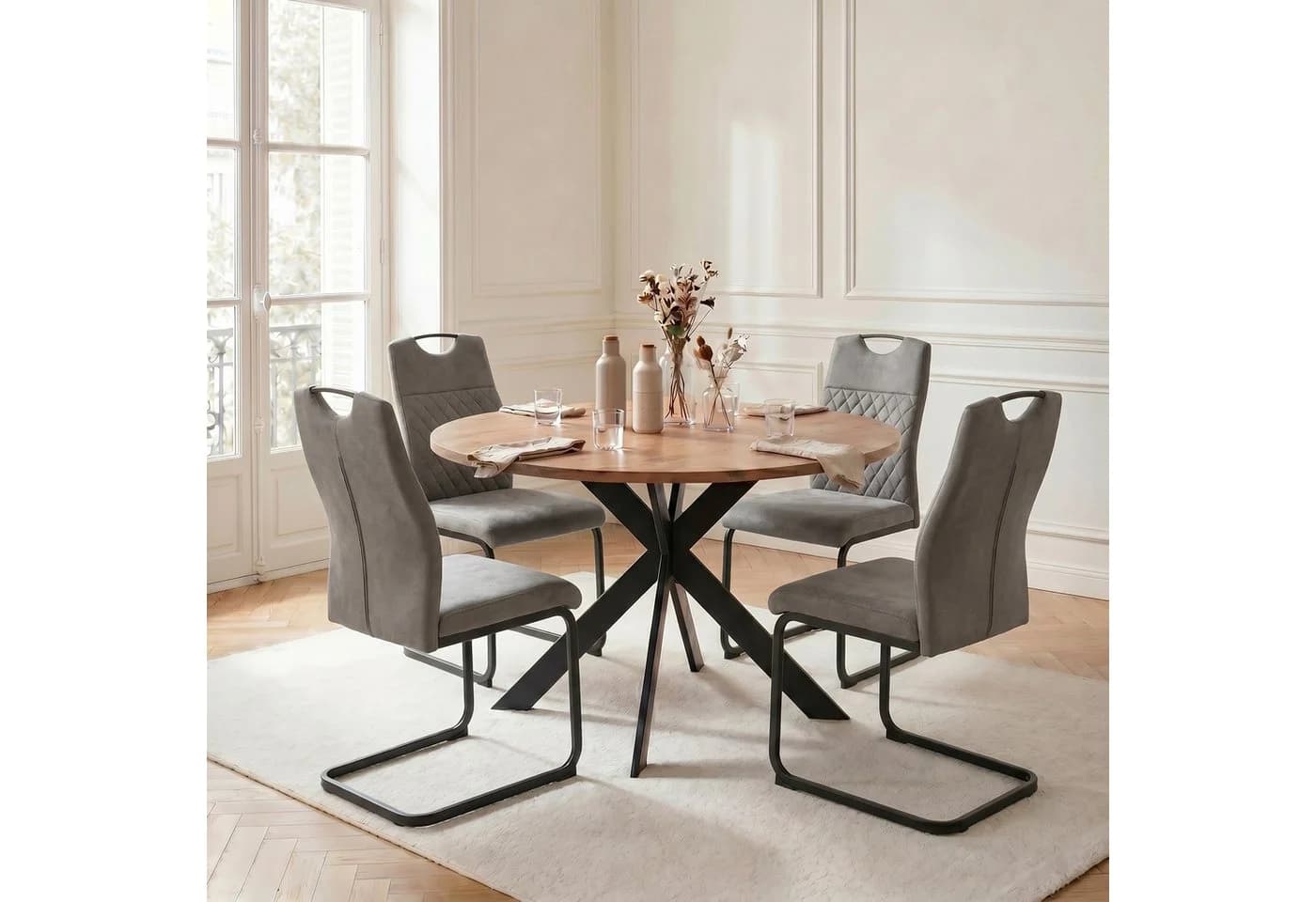 Jiexi Essgruppe Runder Esstisch mit 4 Stühlen Beige Modern - Bild 2