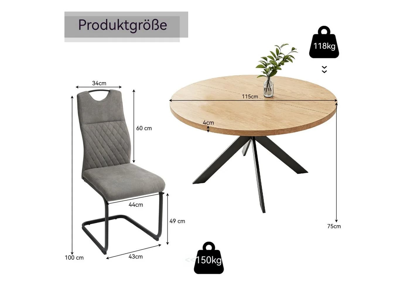 Jiexi Essgruppe Runder Esstisch mit 4 Stühlen Beige Modern - Bild 3